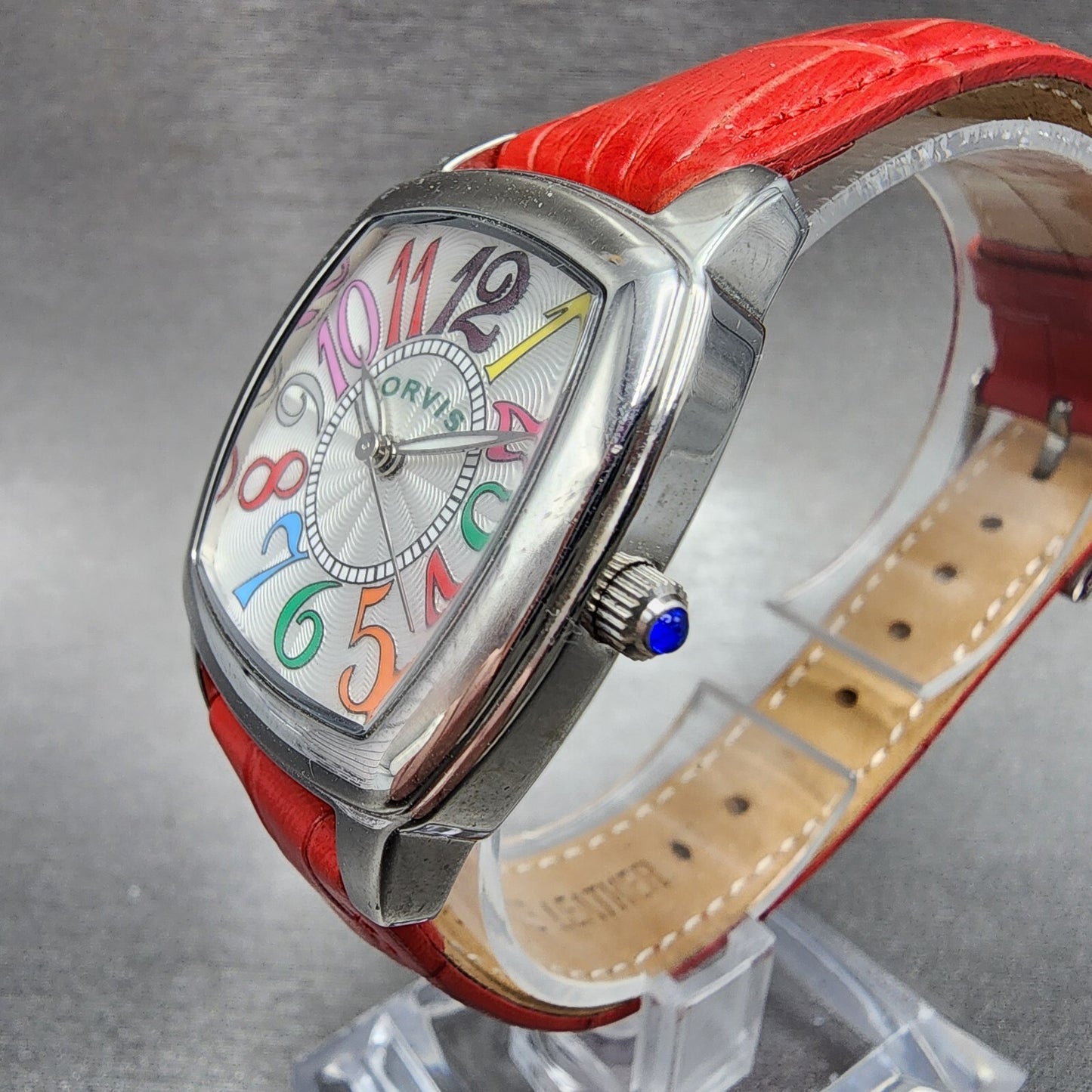 Orvis Watch Women 30mm Silver Dial Silver Tone Rectangle Red Band New Battery