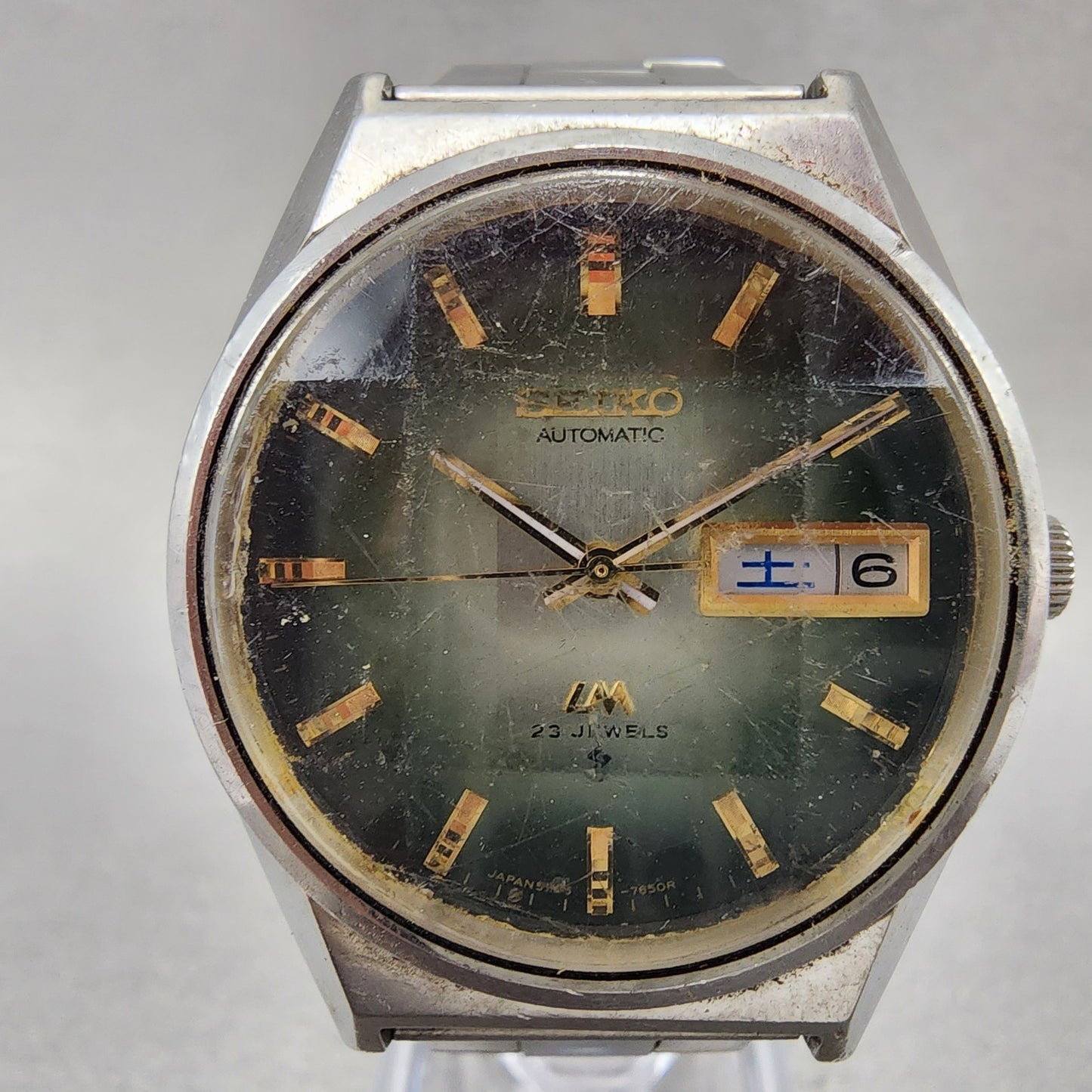 Seiko Lord Matic Watch Men 36mm Green Dial Silver Tone Daydate 5606-7310 Runs