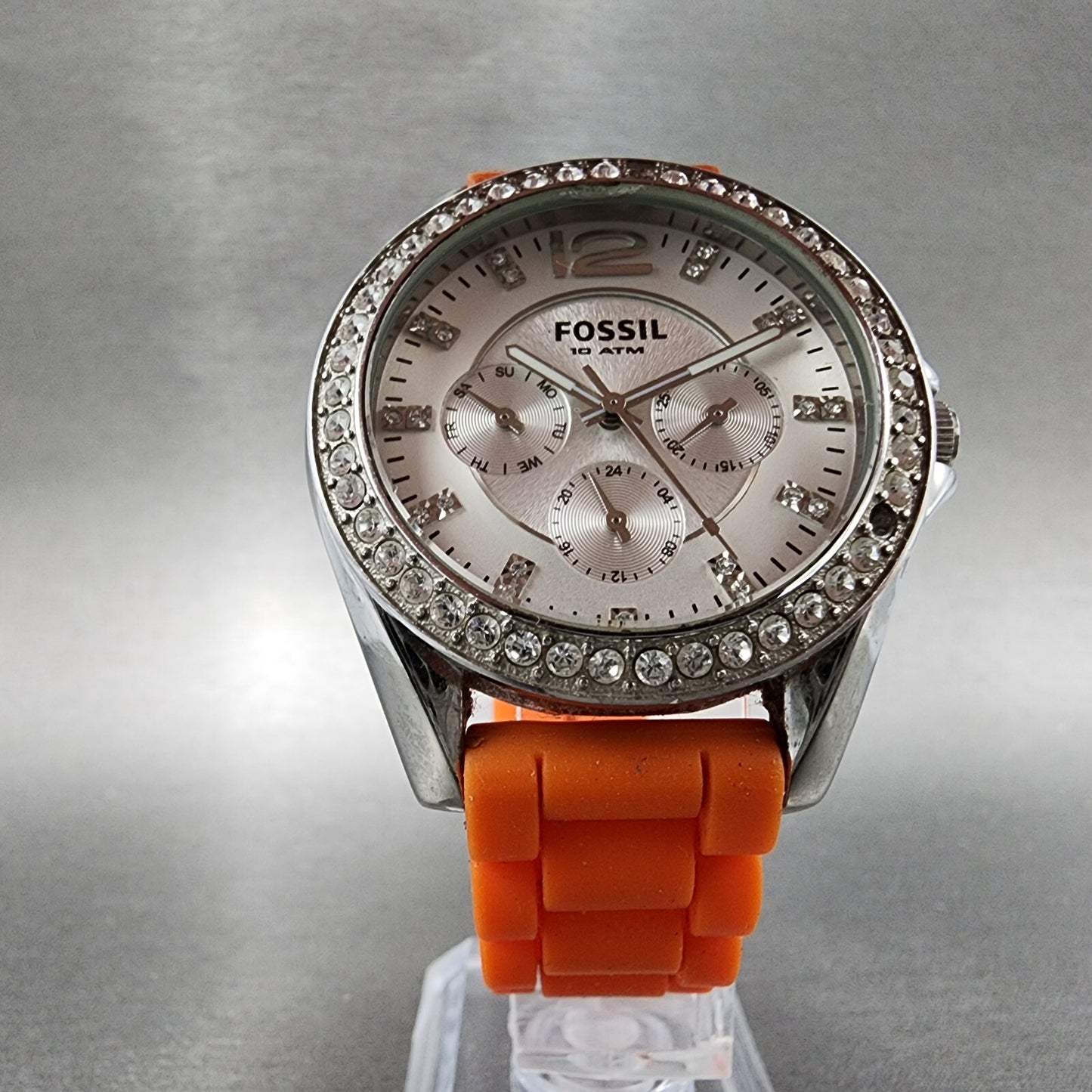 Fossil Riley Watch Women 39mm Silver Dial Stainless Steel Daydate Round New Batt