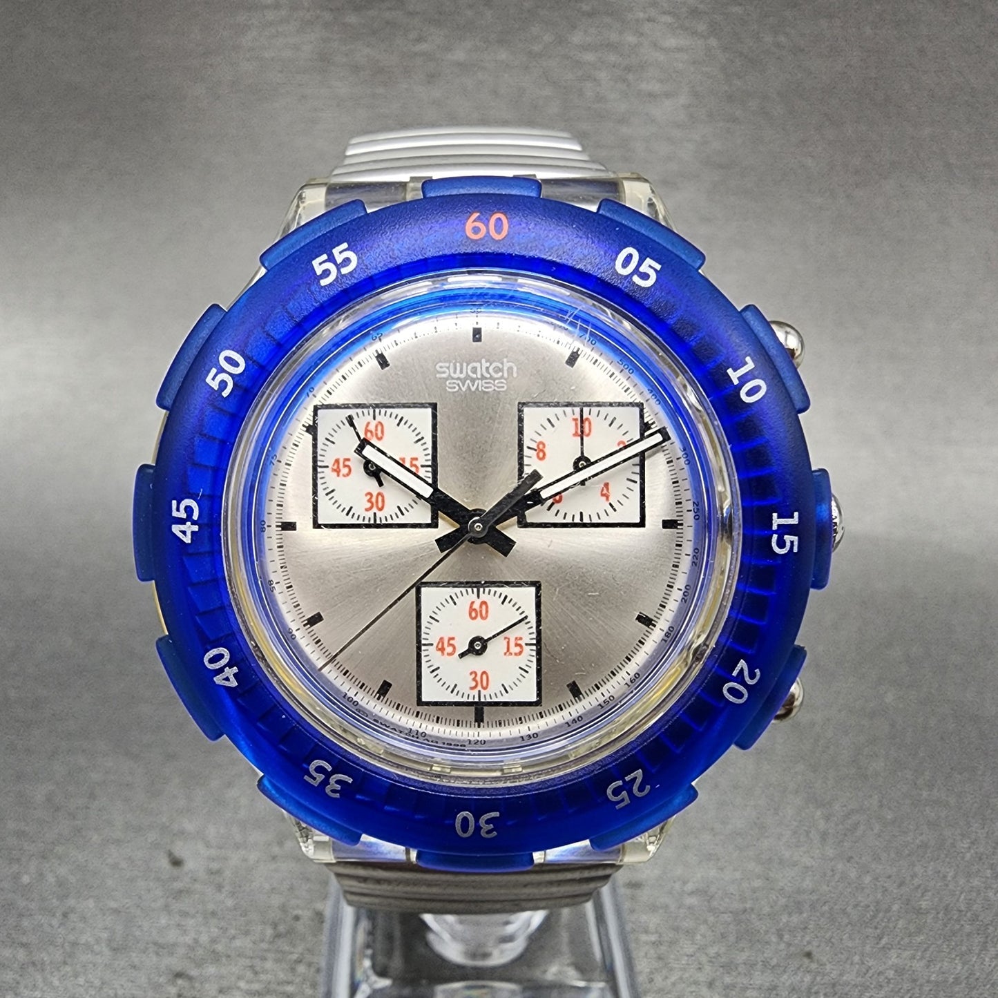 Swatch Aquachrono Watch Men 43mm Silver Dial Clear Case Round SBK117 READ!!!!