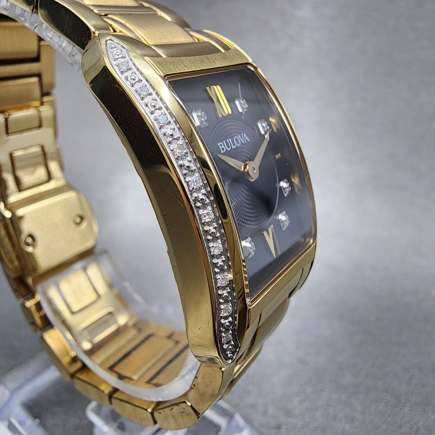 Bulova Sutton Tank Watch Women Black Dial Gold Tone Diamond Bezel New Battery