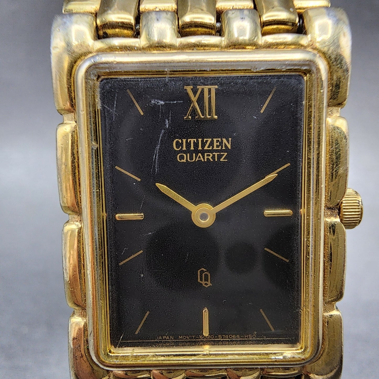 Citizen CQ Tank Watch Men 23mm Black Dial Gold Tone Rectangle New Battery