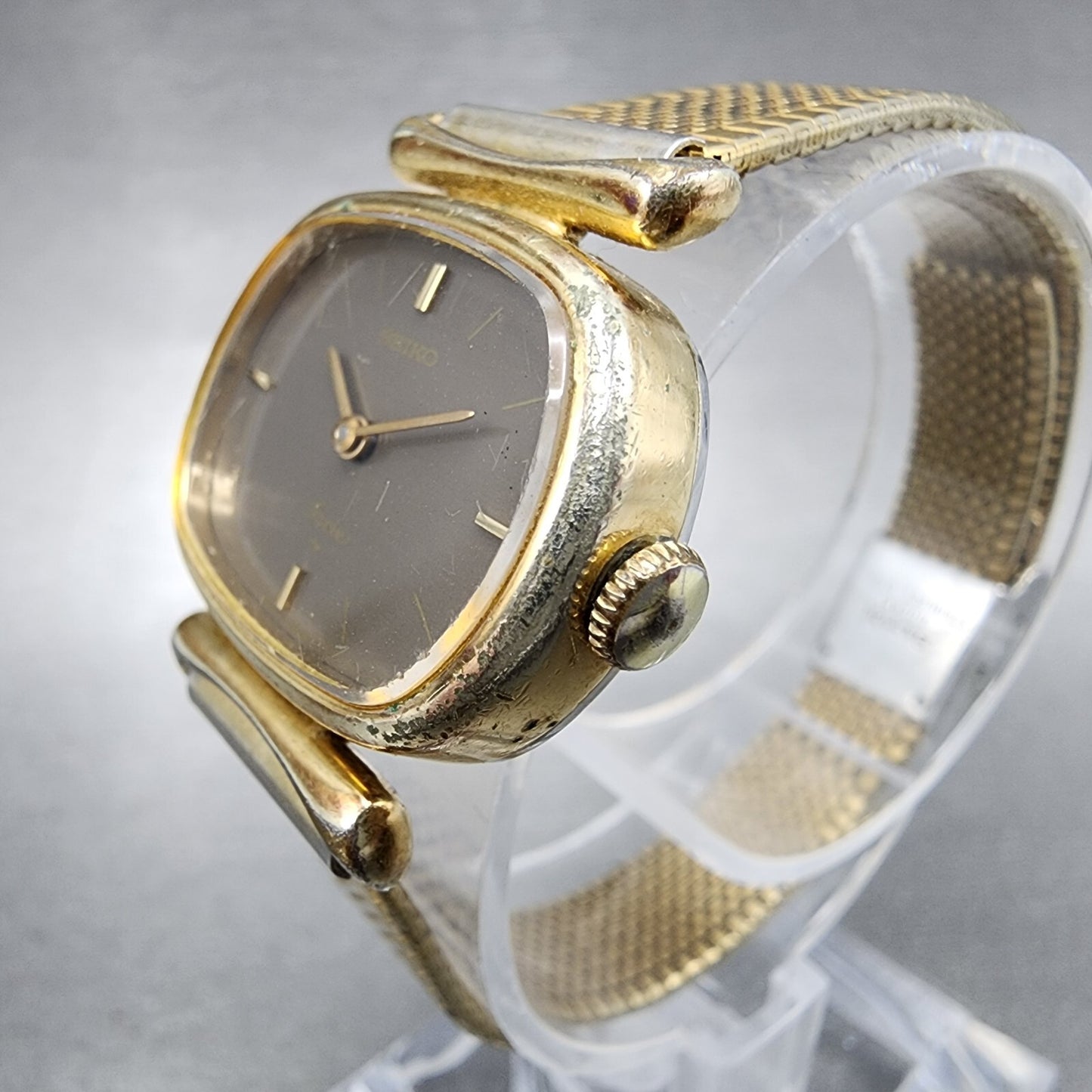 VTG Seiko Watch Women 25mm Brown Dial Gold Tone Rectangle 11-5020 New Battery