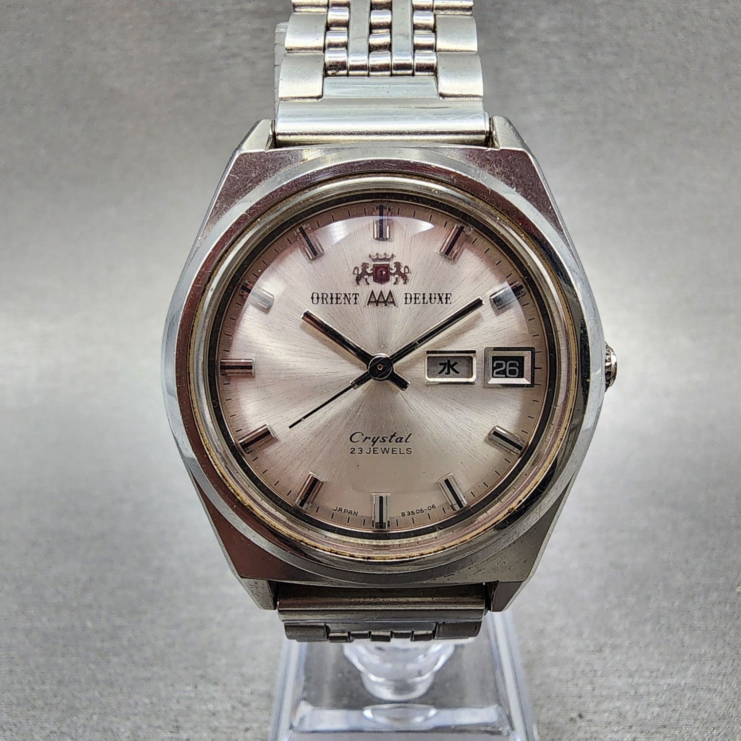 Orient AAA Deluxe Crystal Watch Men 35mm Silver Dial Steel Daydate Automatic