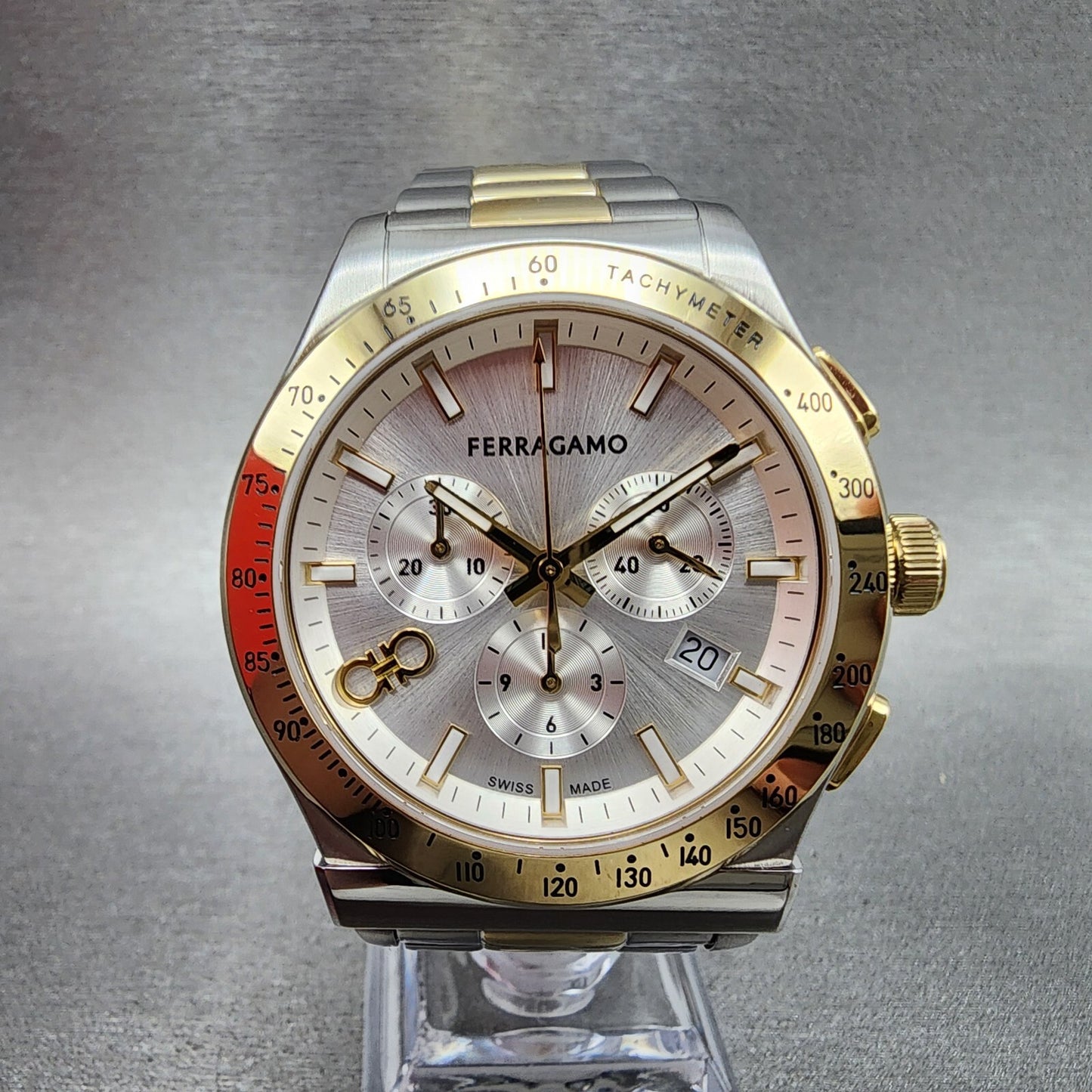 Ferragamo 1927 Chronograph Watch Men 42mm White Dial Two Tone Date Round W/Box