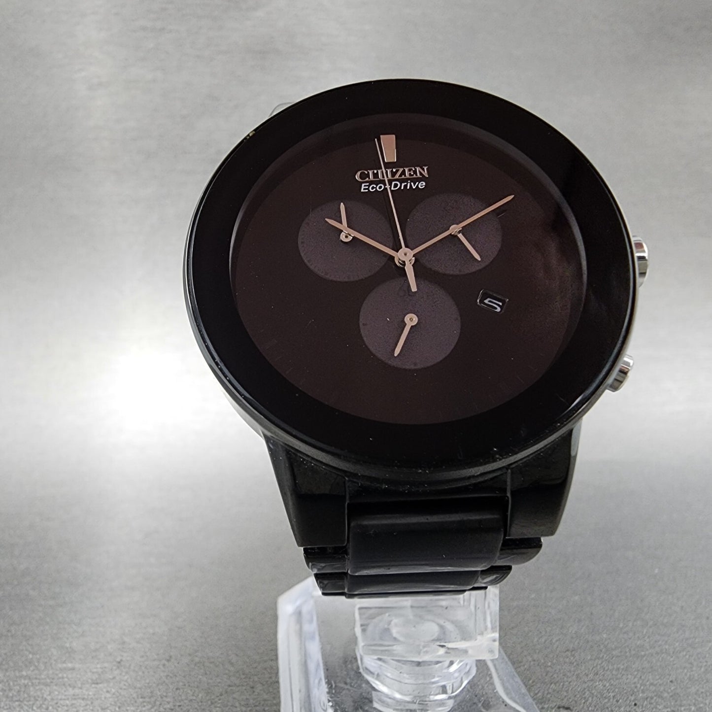 Citizen Eco-Drive Axiom Chronograph Watch Men 43mm Black Dial Black Tone Runs