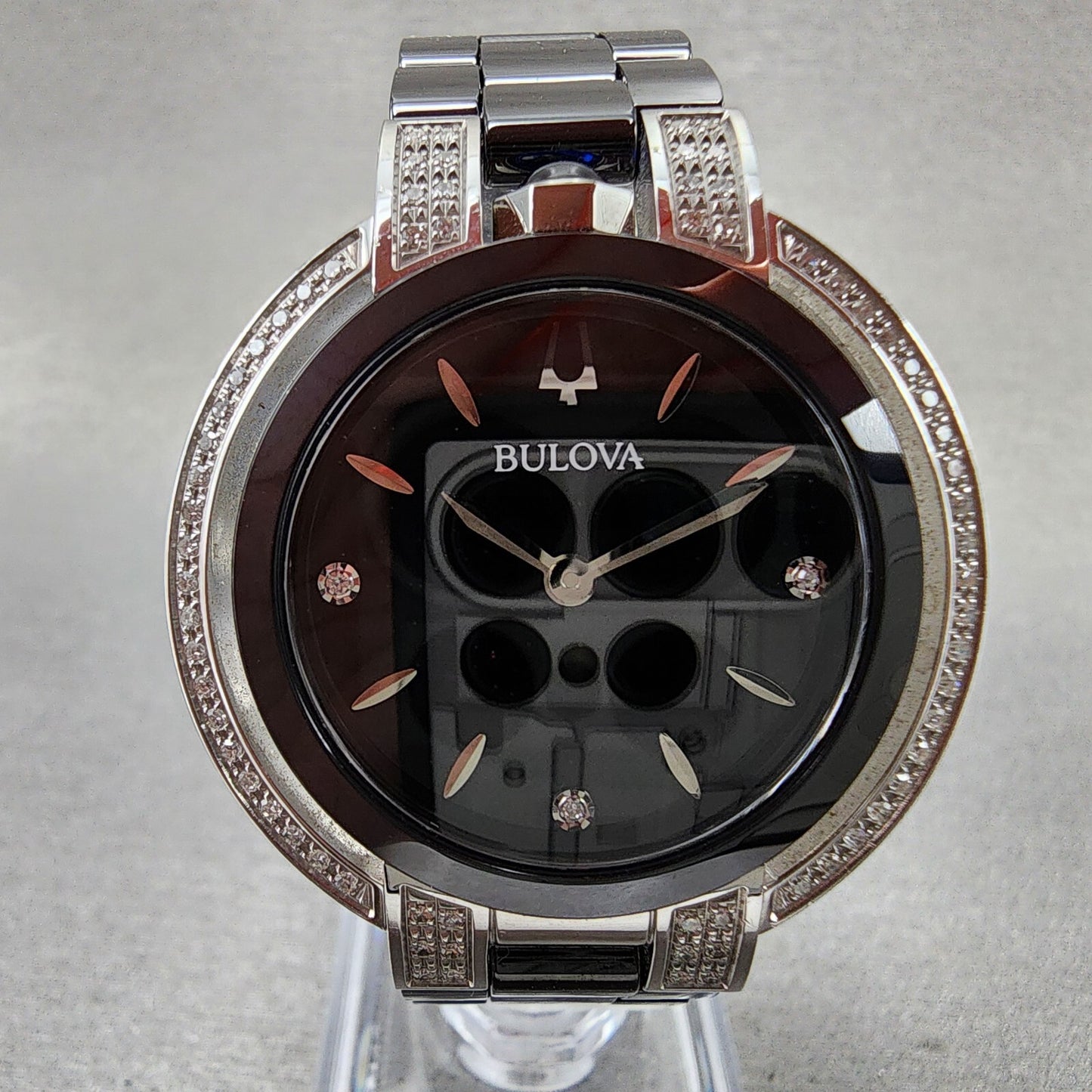 Bulova Rubaiyat Watch Women 35mm Black Dial Black Ceramic Diamond Bezel 98R266 B