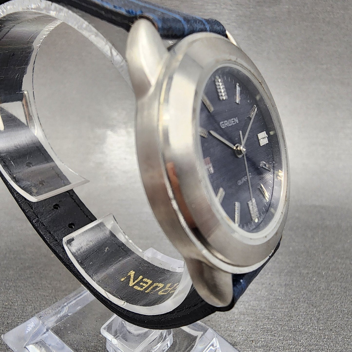 Gruen Watch Men 34mm Blue Dial Silver Tone Round Leather Band New Battery