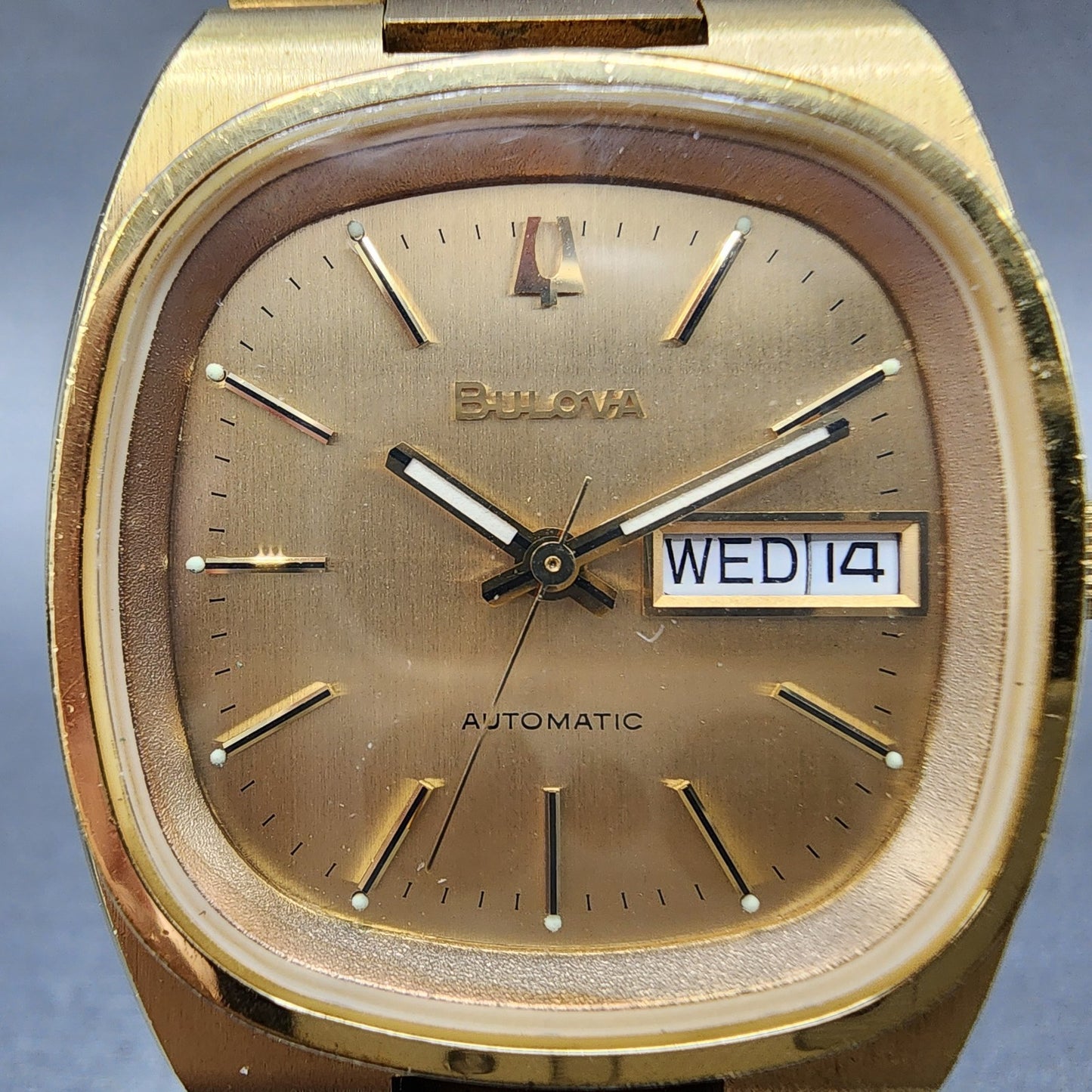 Bulova Automatic Watch Men 36mm Gold Dial Gold Tone Daydate TV Rectangle Runs