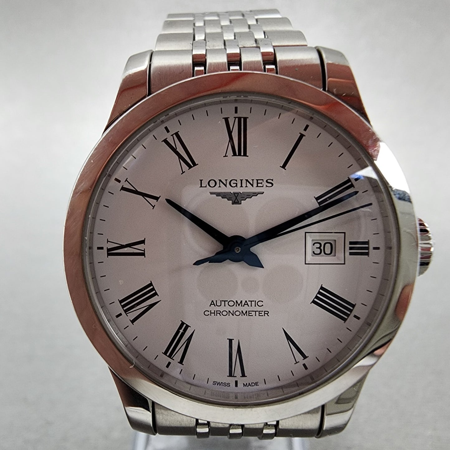Longines Record Automatic Watch Women 30mm White Dial Steel Date Chronometer