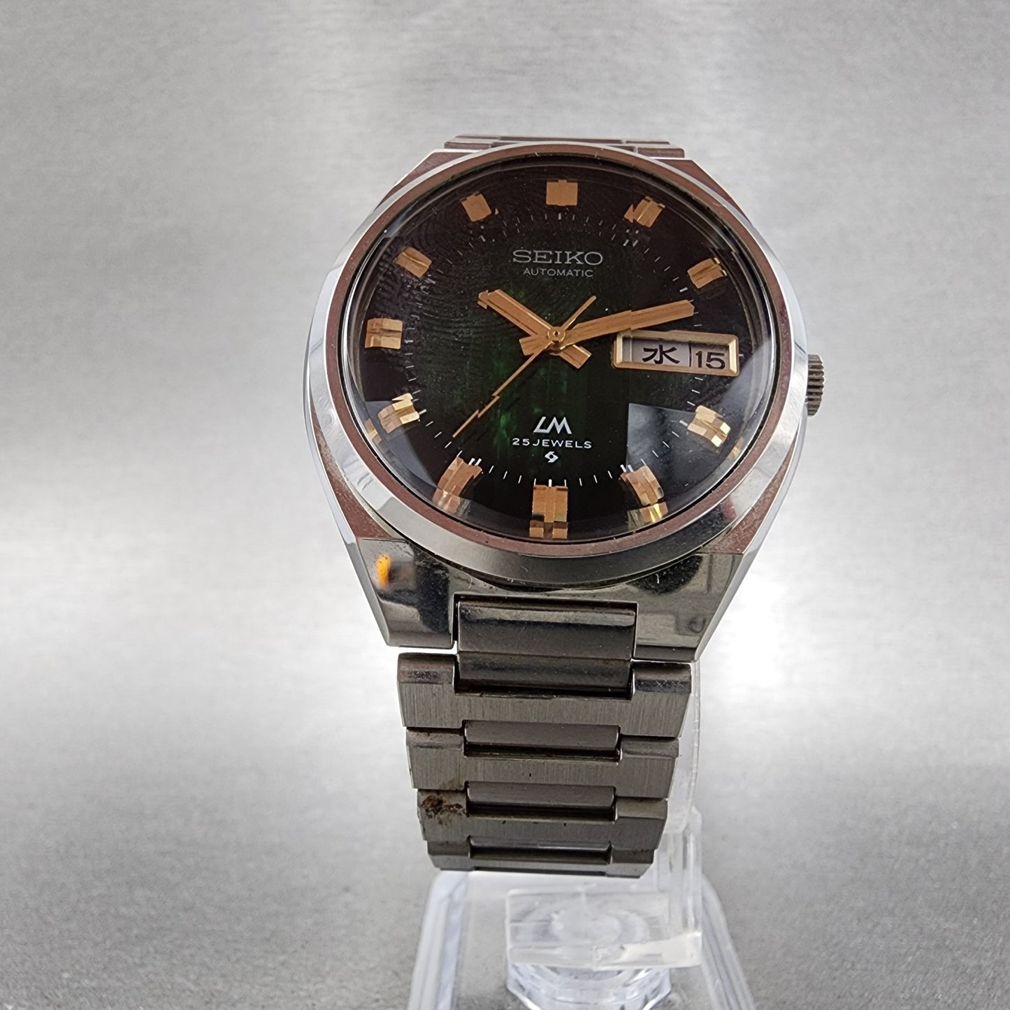 Seiko Lord Matic Watch Men 36mm Green Dial Silver Tone Daydaye 5606-7341 Runs