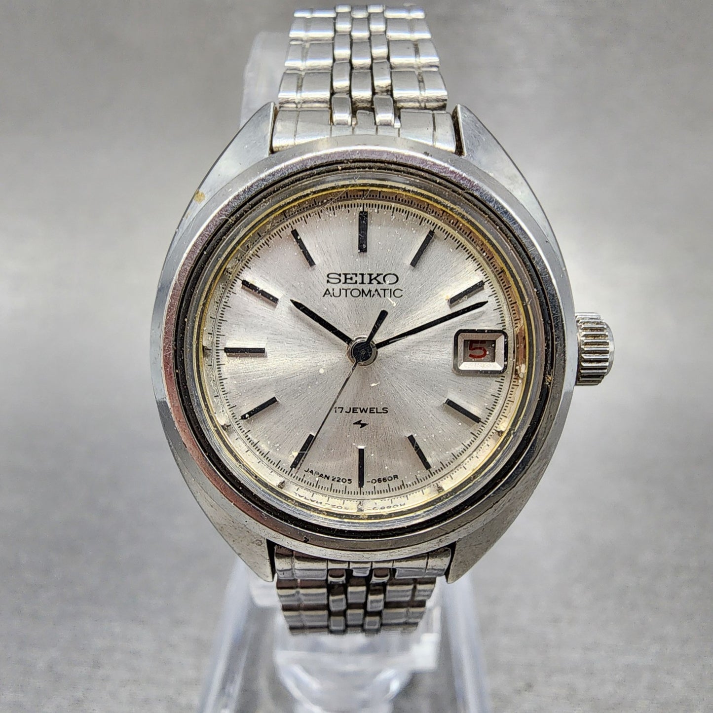 Seiko Automatic Watch Women 25mm Silver Dial Silver Tone Date 2205-0420 Runs