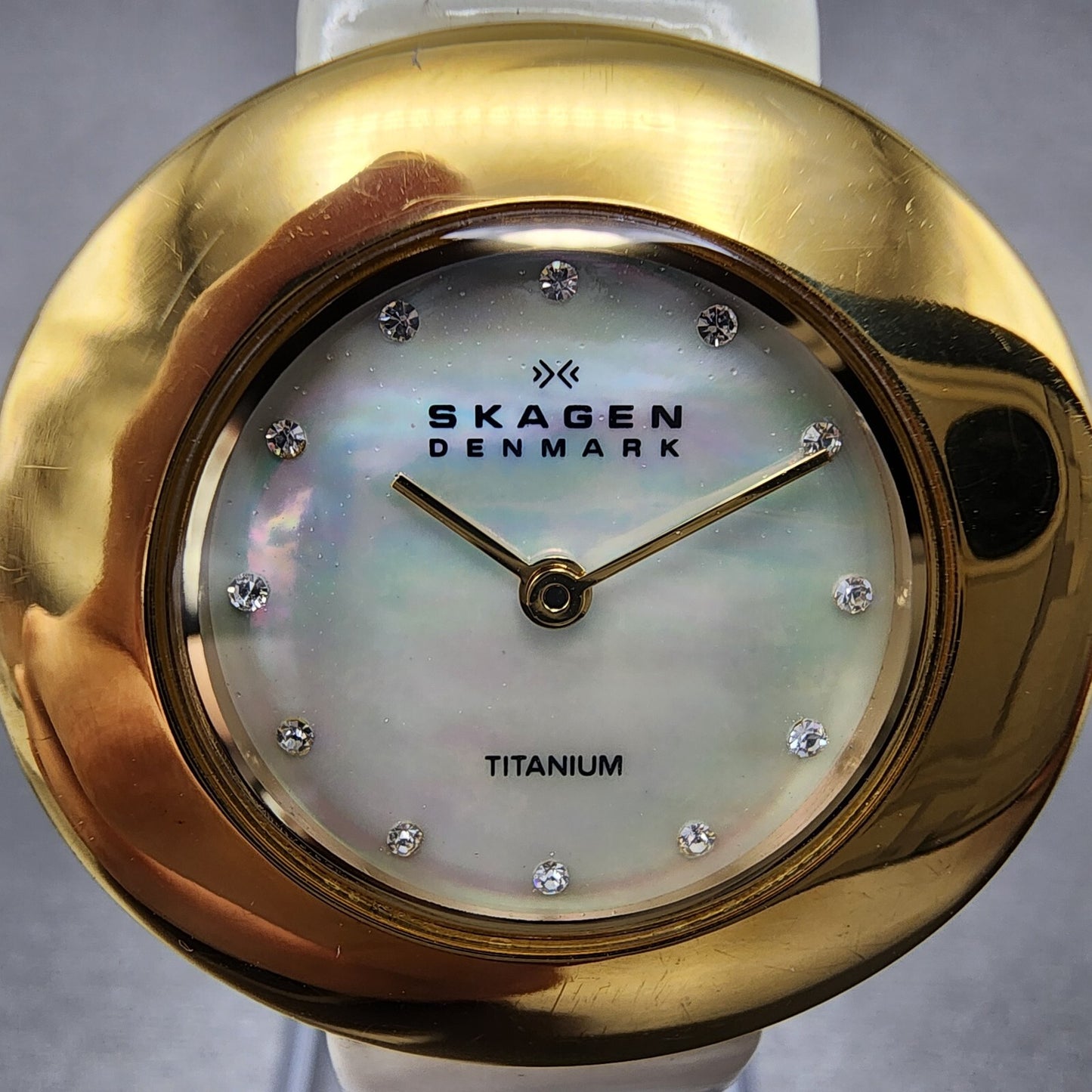 Skagen Watch Women 31mm MOP Dial Gold Tone Titanium Round 569STGLW New Battery