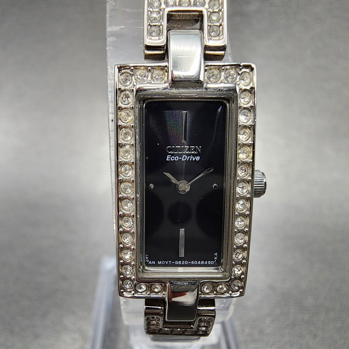 Citizen Eco-Drive Tank Watch Women 14mm Black Dial Steel Rectangle Crystals Runs
