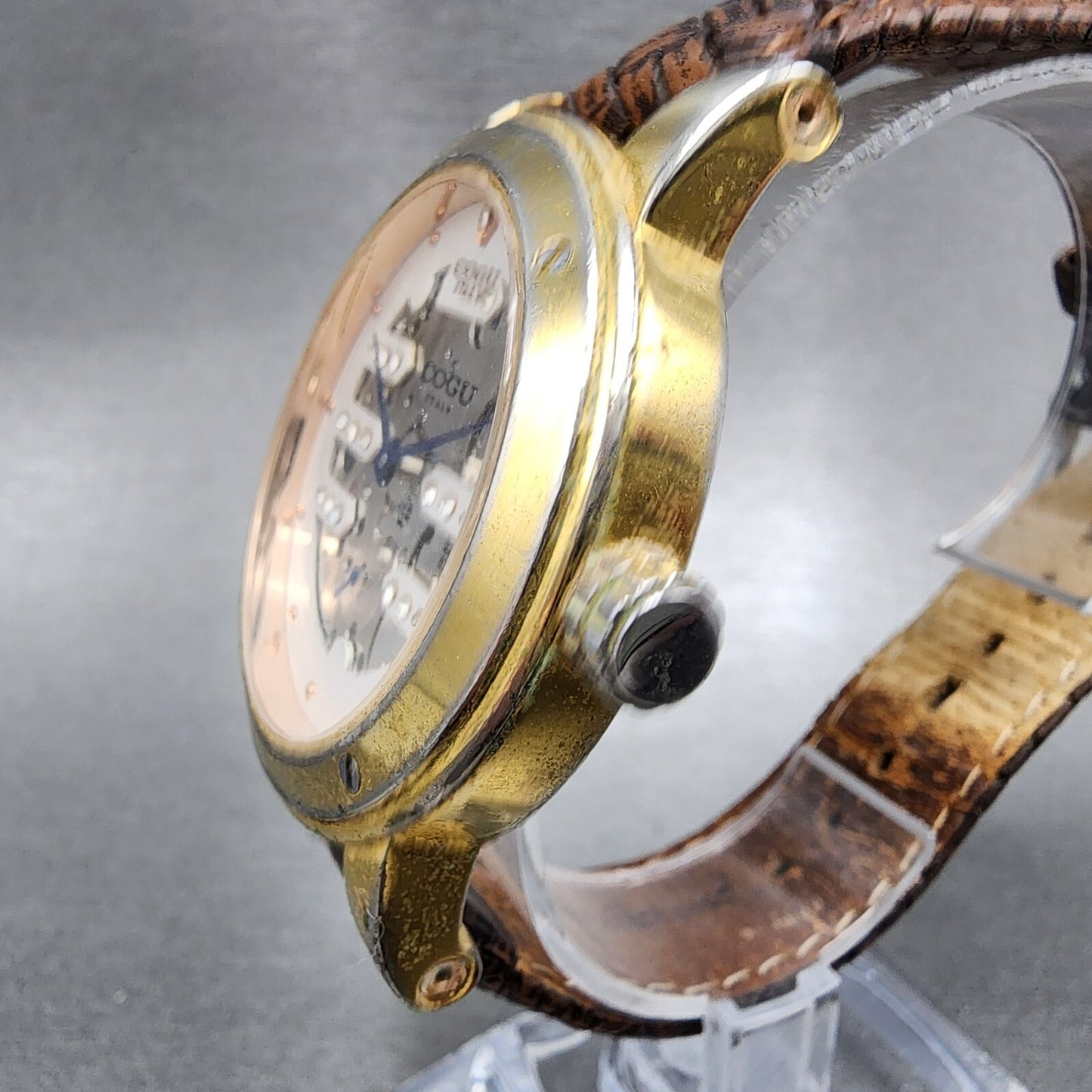 COGU Skeleton Watch Men 42mm Skeleton Dial Gold Tone Automatic Leather Band Runs