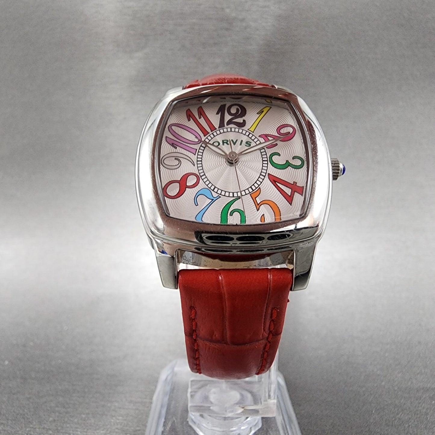 Orvis Watch Women 30mm Silver Dial Silver Tone Rectangle Red Band New Battery