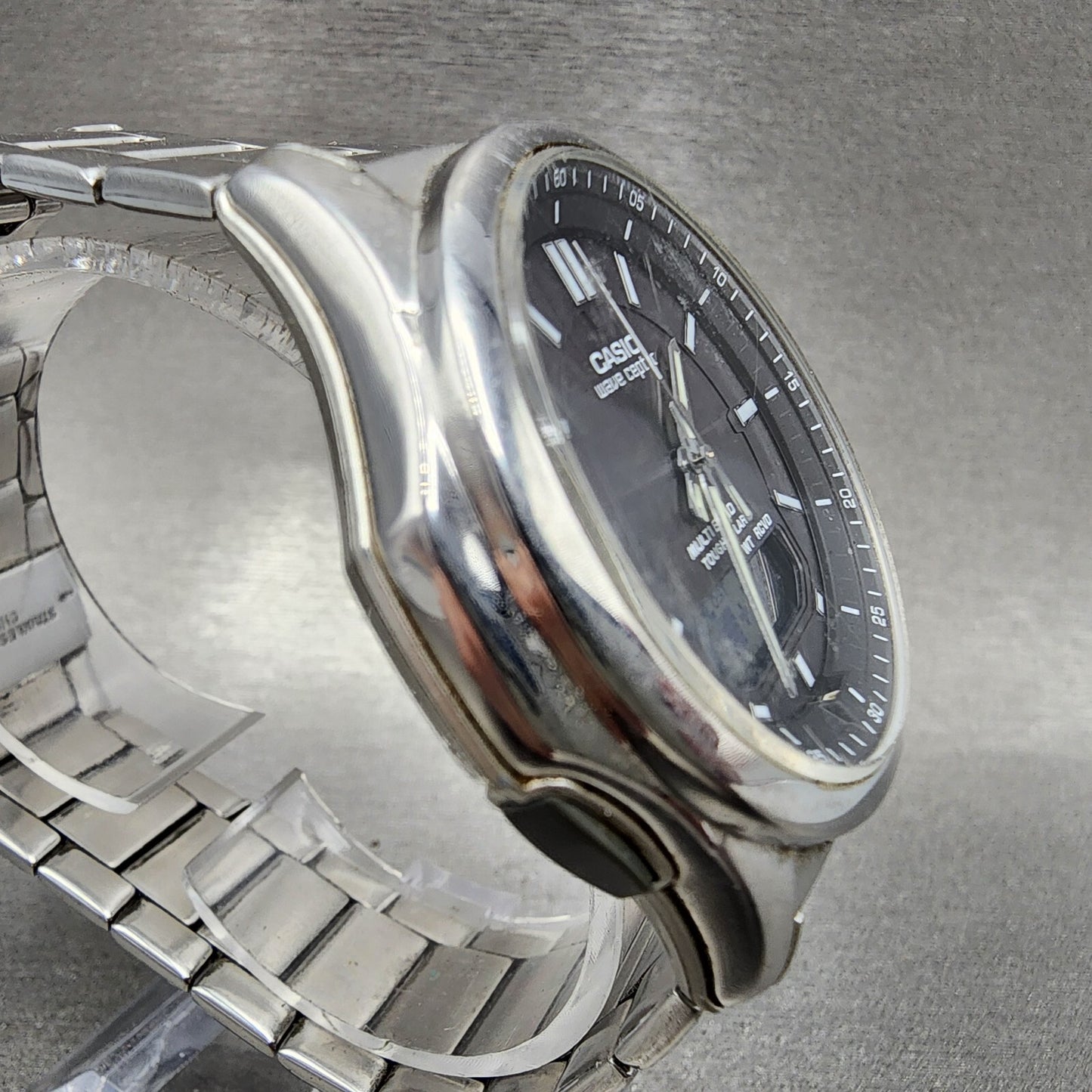 Casio Wave Ceptor Watch Men 42mm Black Dial Steel Analog Digital Solar Runs B12