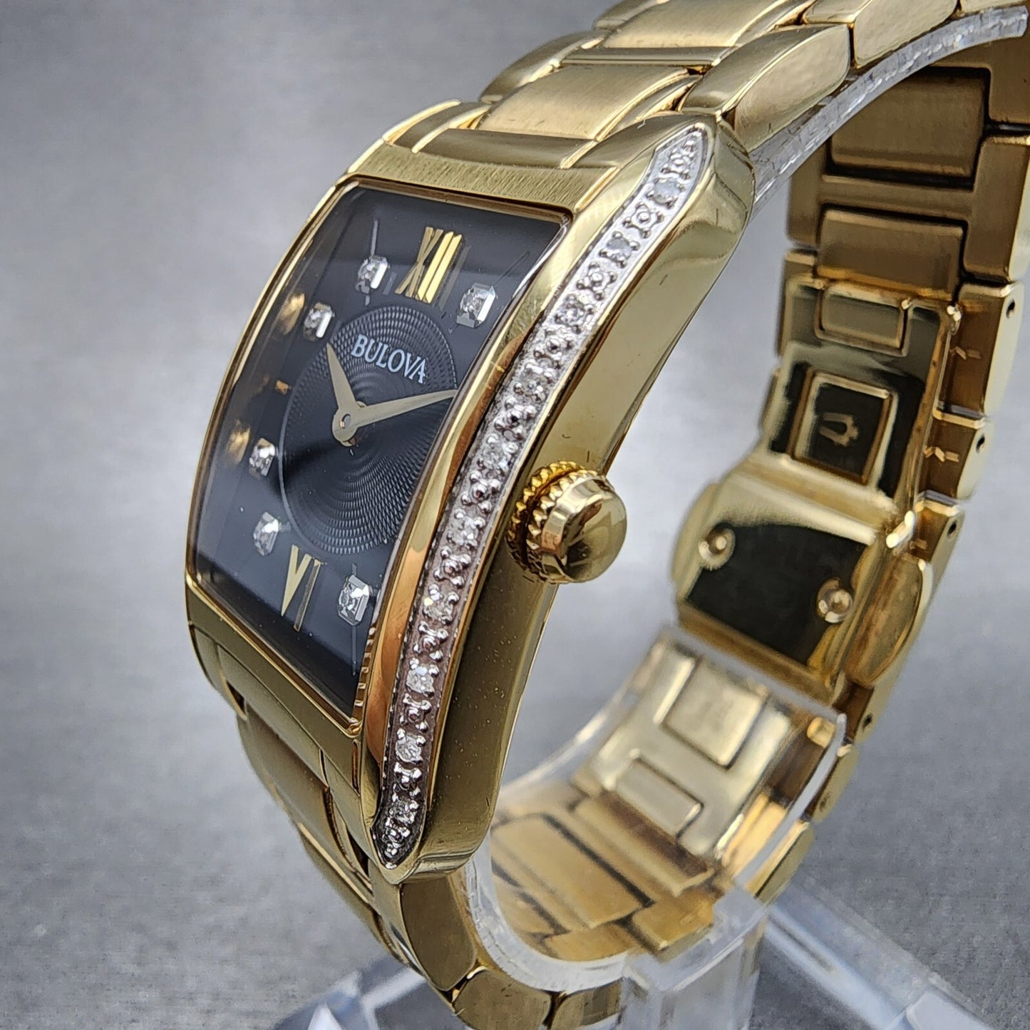 Bulova Sutton Tank Watch Women Black Dial Gold Tone Diamond Bezel New Battery
