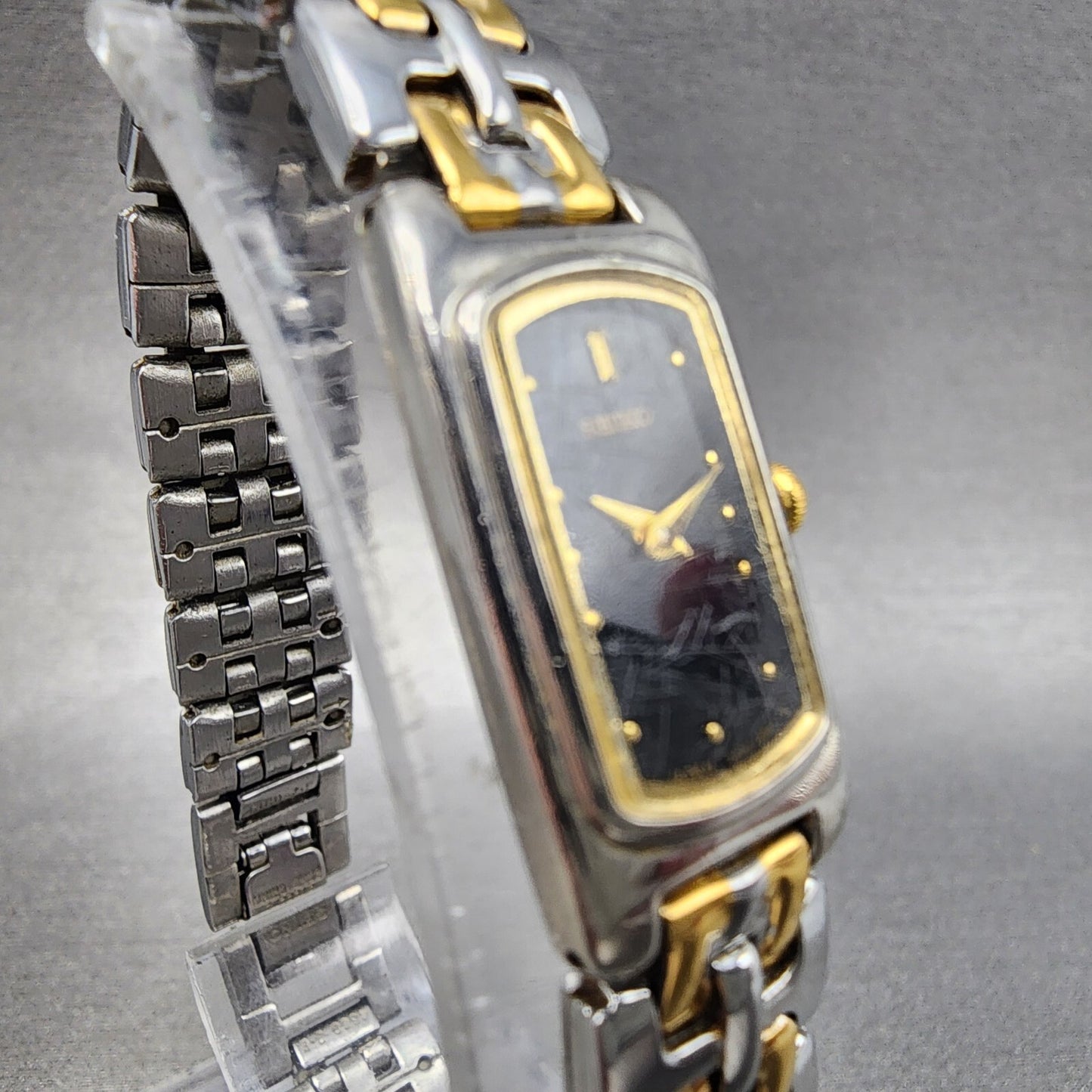 Seiko Watch Women 14mm Black Dial Two Tone Rectangle 2E20-7289 New Battery