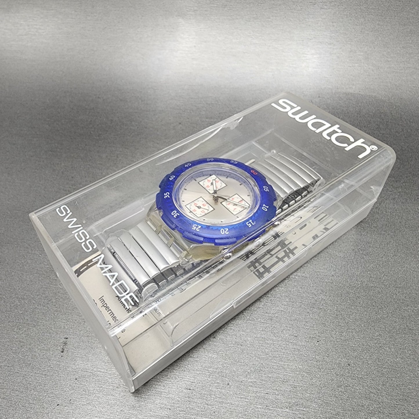 Swatch Aquachrono Watch Men 43mm Silver Dial Clear Case Round SBK117 READ!!!!