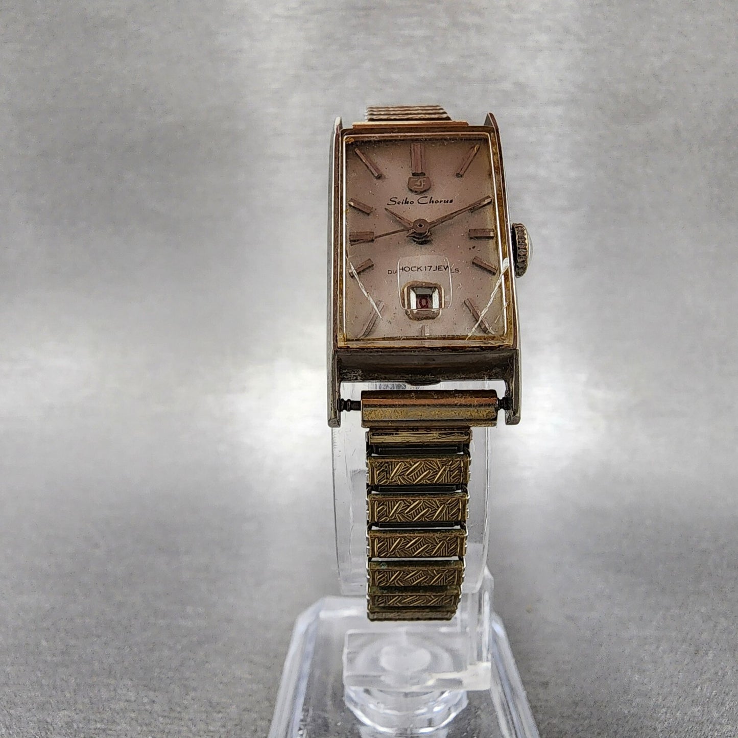 Seiko Chorus Tank Watch Women 17mm Silver Dial Gold Tone Date Manual 2107-3140