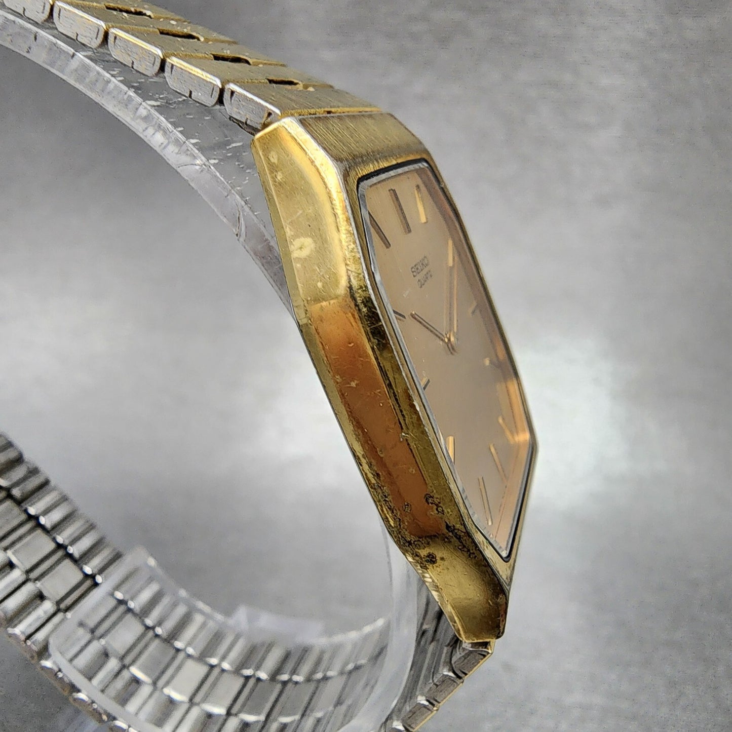 Seiko Tank Watch Men 28mm Gold Dial Gold Tone Octagon 7430-5079 New Battery