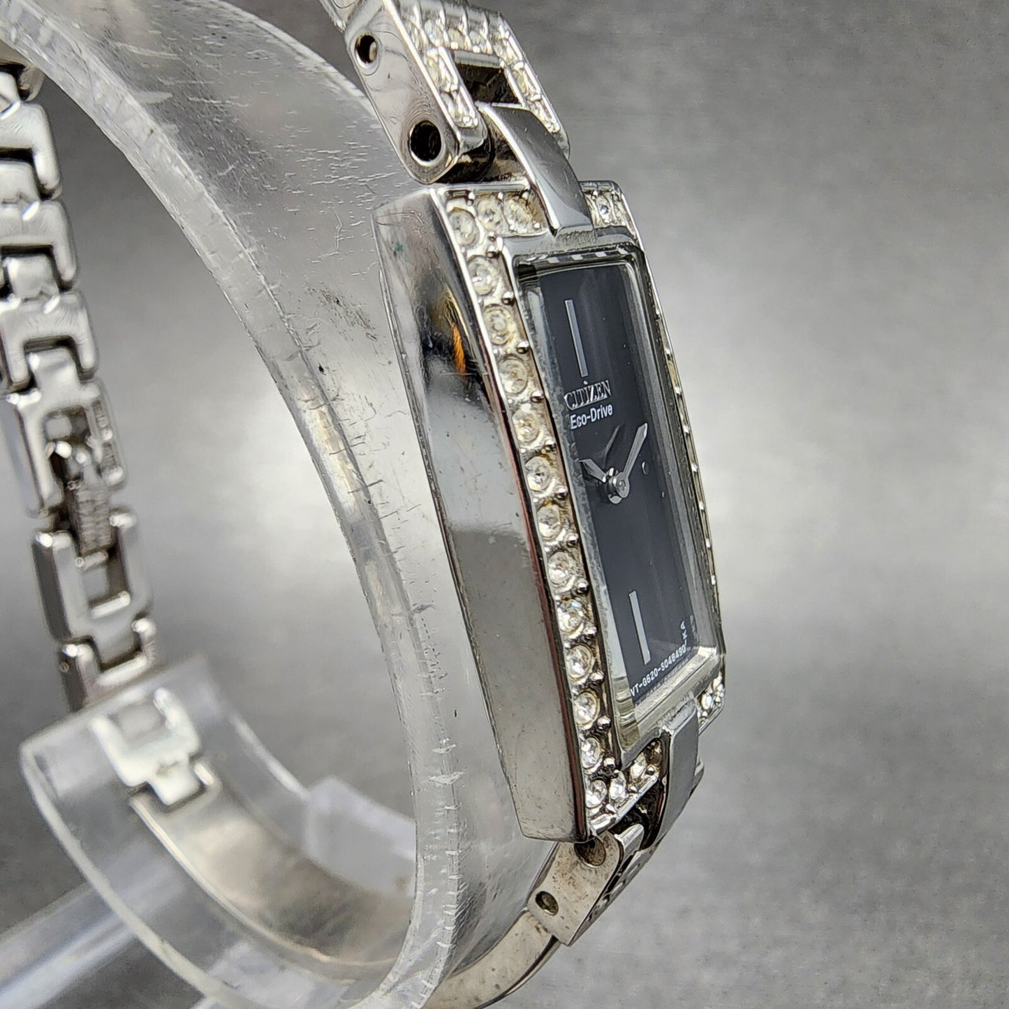 Citizen Eco-Drive Tank Watch Women 14mm Black Dial Steel Rectangle Crystals Runs