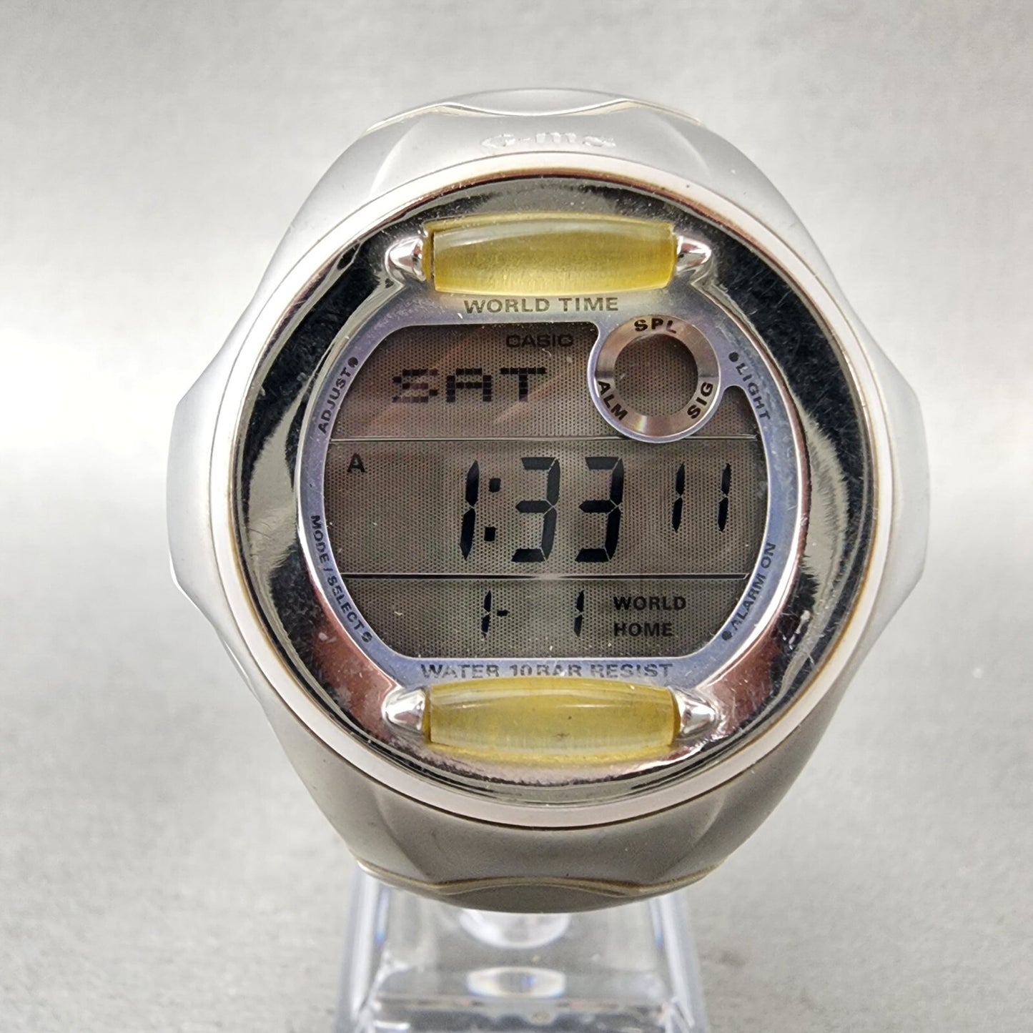 Casio Baby G Watch Women 42mm Digital Silver Tone Alarm Chrono MSG-140LV New Bat