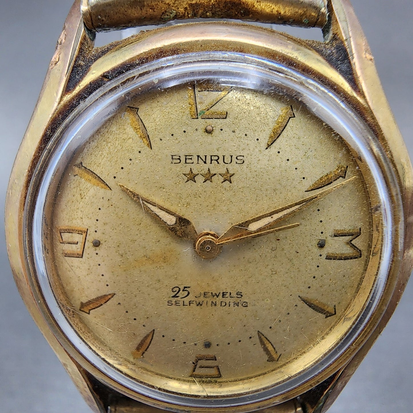 Benrus Three Star Automatic 25 Jewels Watch Men 34mm Cream Dial Gold Tone PARTS