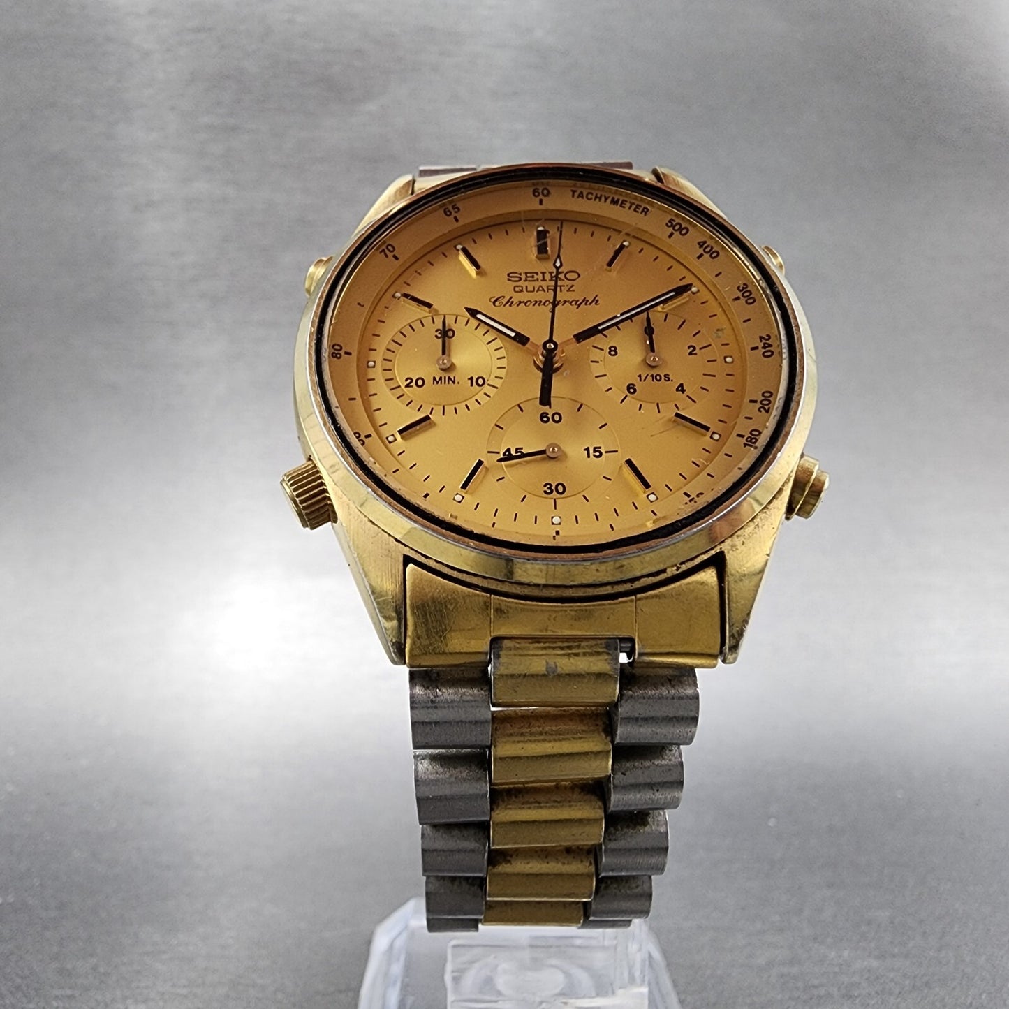 Seiko Chronograph Watch Men 37mm Gold Dial Two Tone 7A28-7020 Round New Battery
