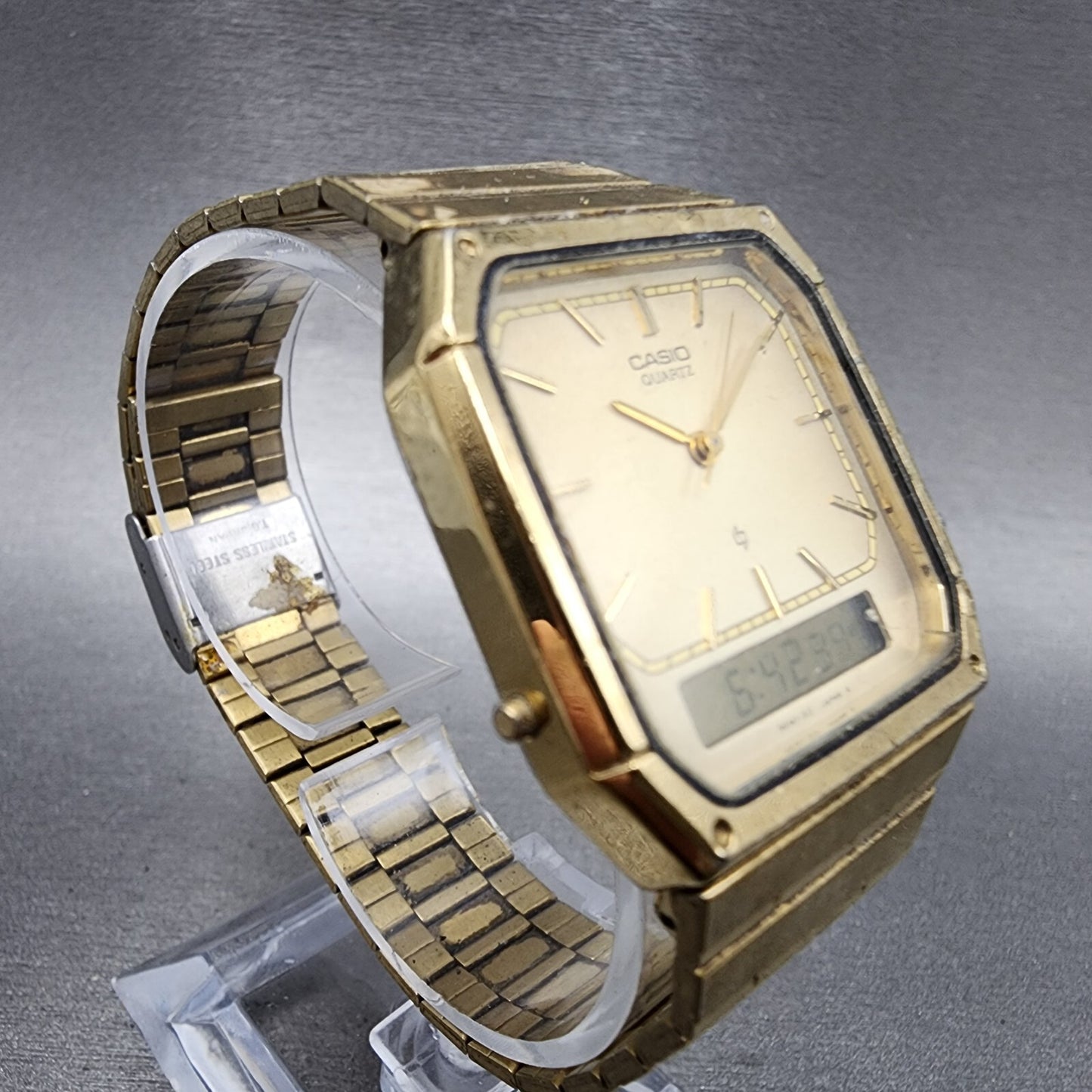 Casio AQ-412G Watch Men 30mm Analog Digital Alarm Chrono Octagon READ New Batt
