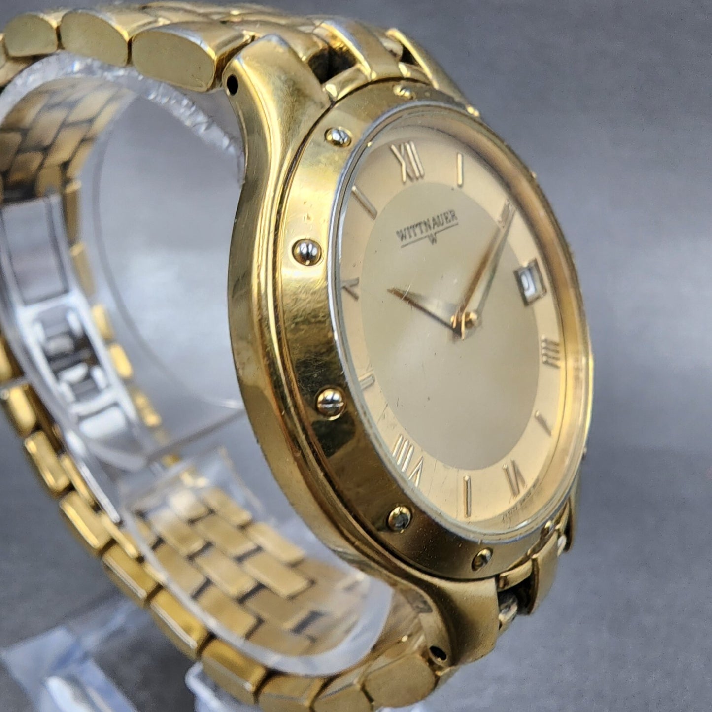 Wittnauer Watch Men 35mm Gold Dial Gold Tone Date Round JV8223 9514 New Battery