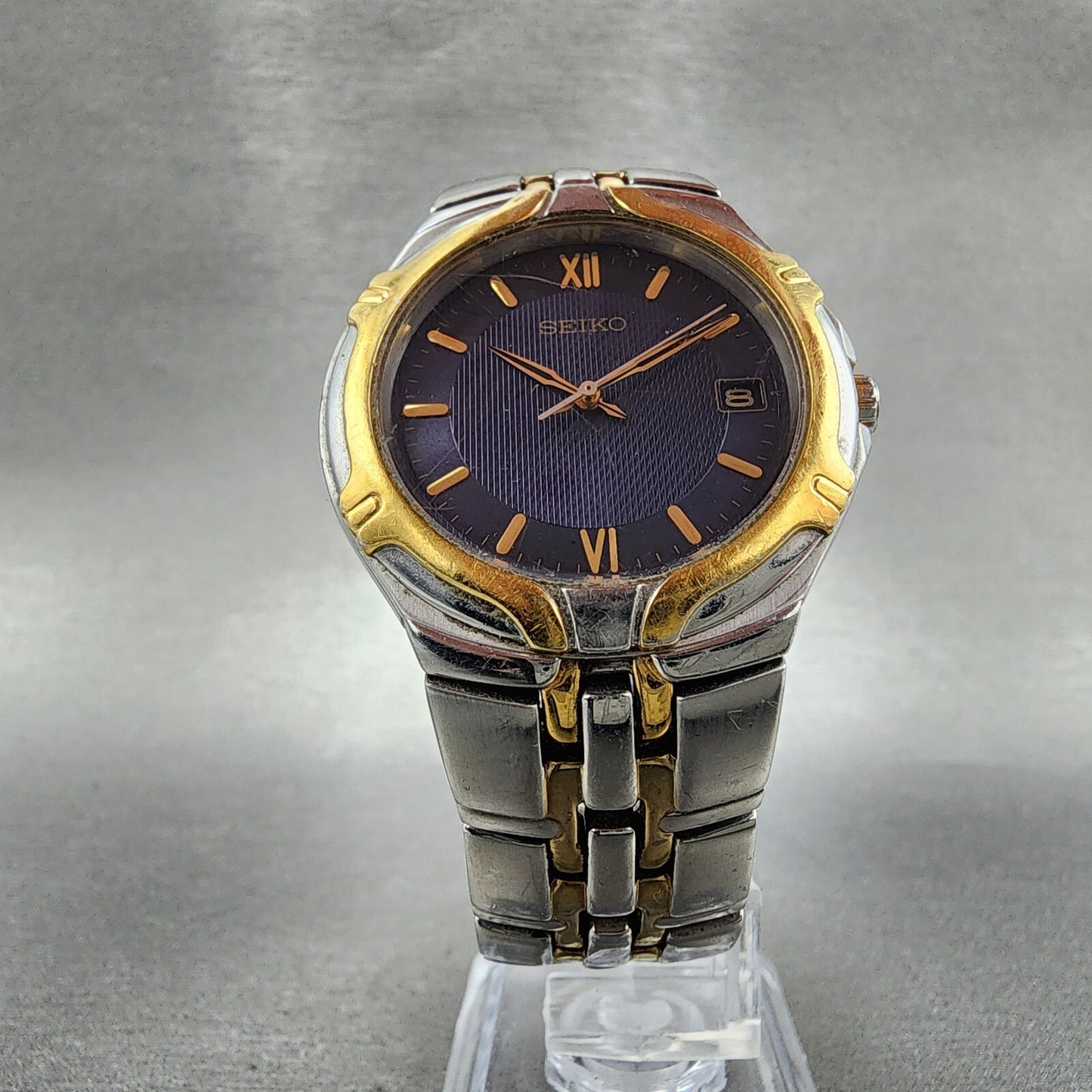 Seiko Watch Men 37mm Blue Dial Two Tone Date Round 7N42-6C10 New Battery A12