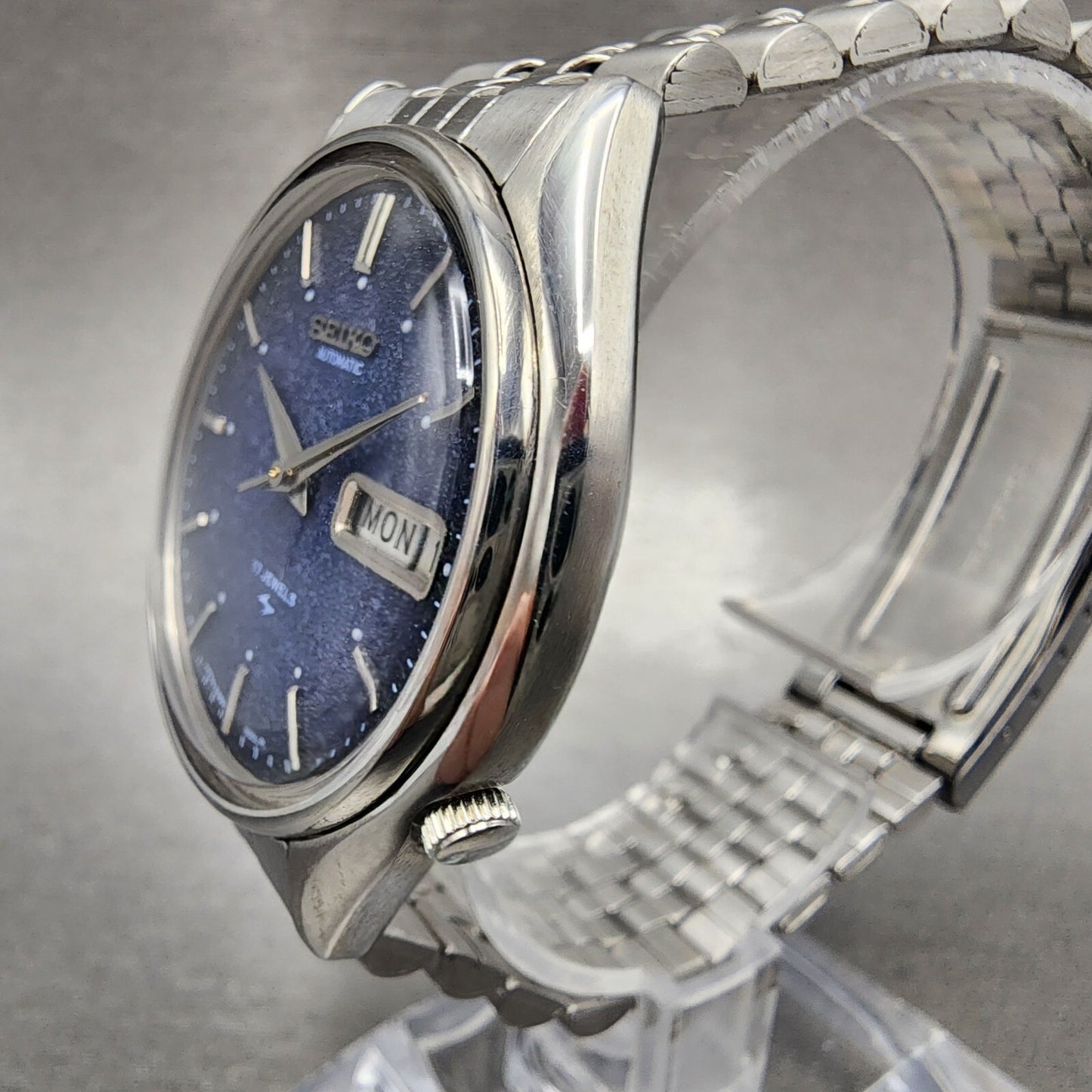 Seiko Automatic Watch Men 38mm Blue Texture Dial Steel Daydate 6309-8480 Runs AB