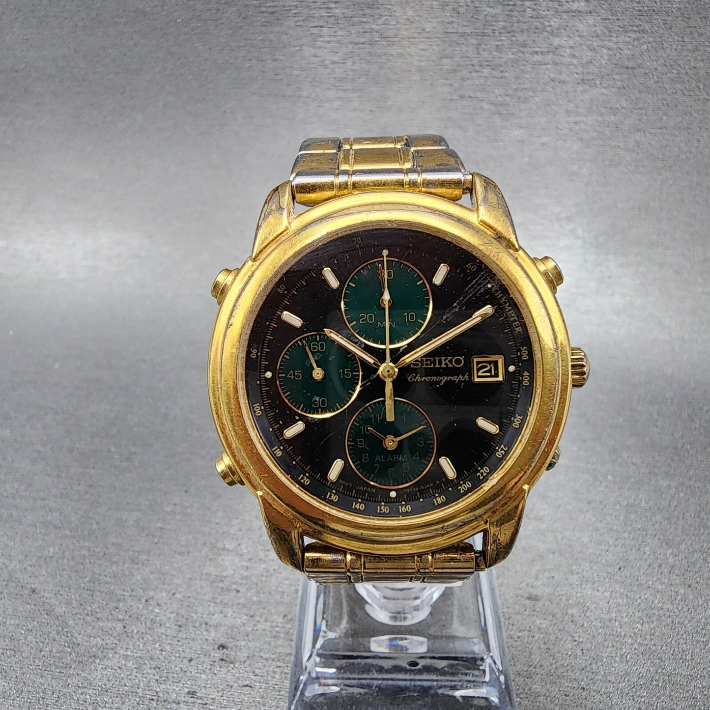 Seiko Chronograph Watch Men 37mm Black Dial Gold Date Alarm 7T32-6G40 READ!!!!!!