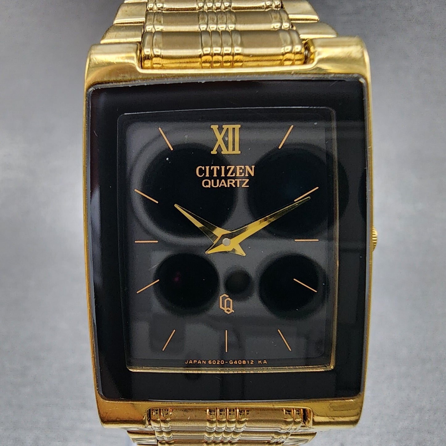 Citizen CQ Tank Watch Men 24mm Black Dial Gold Tone 1022-h14231 New Battery