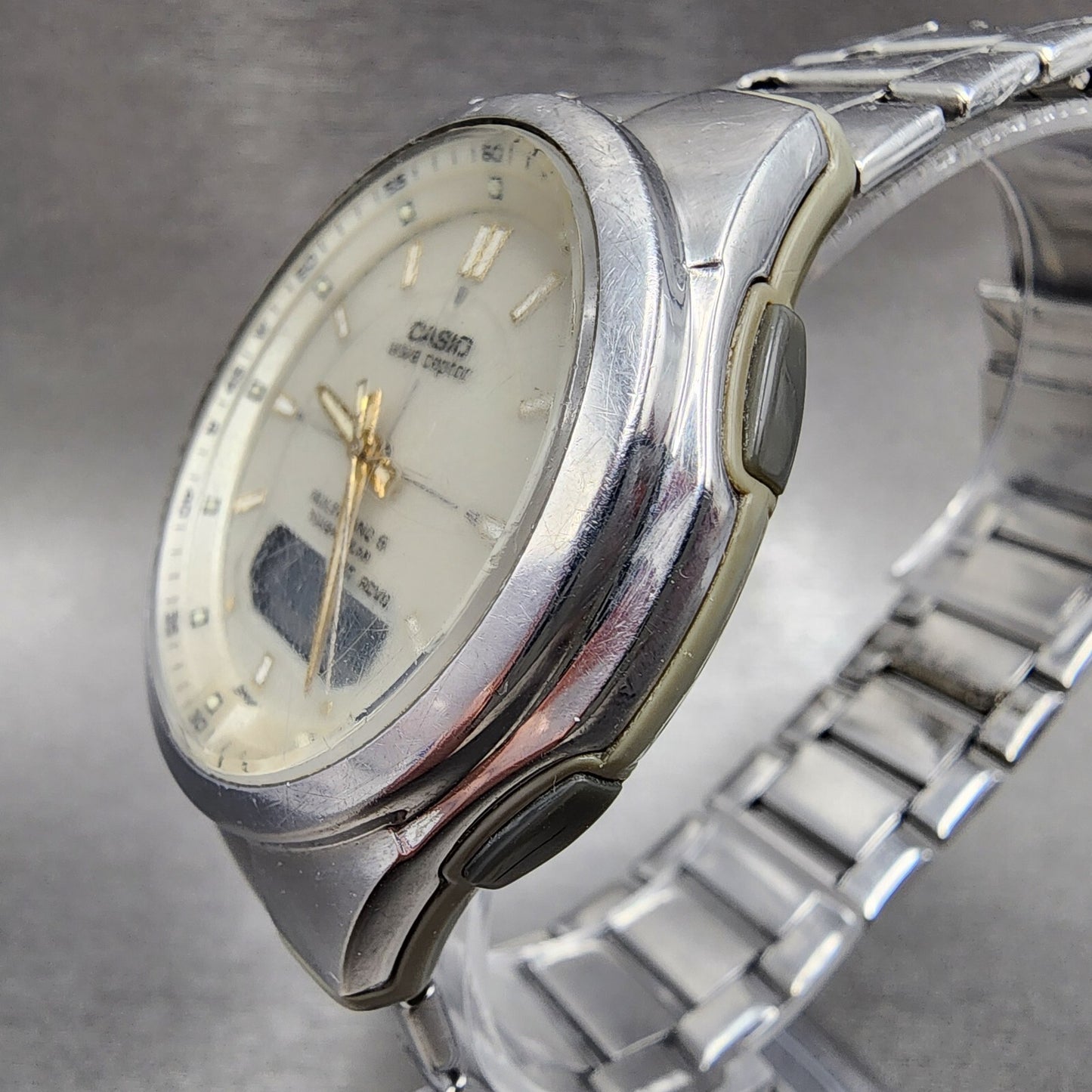 Casio Wave Ceptor Solar Watch Men 42mm White Dial Analog Digital Steel Runs