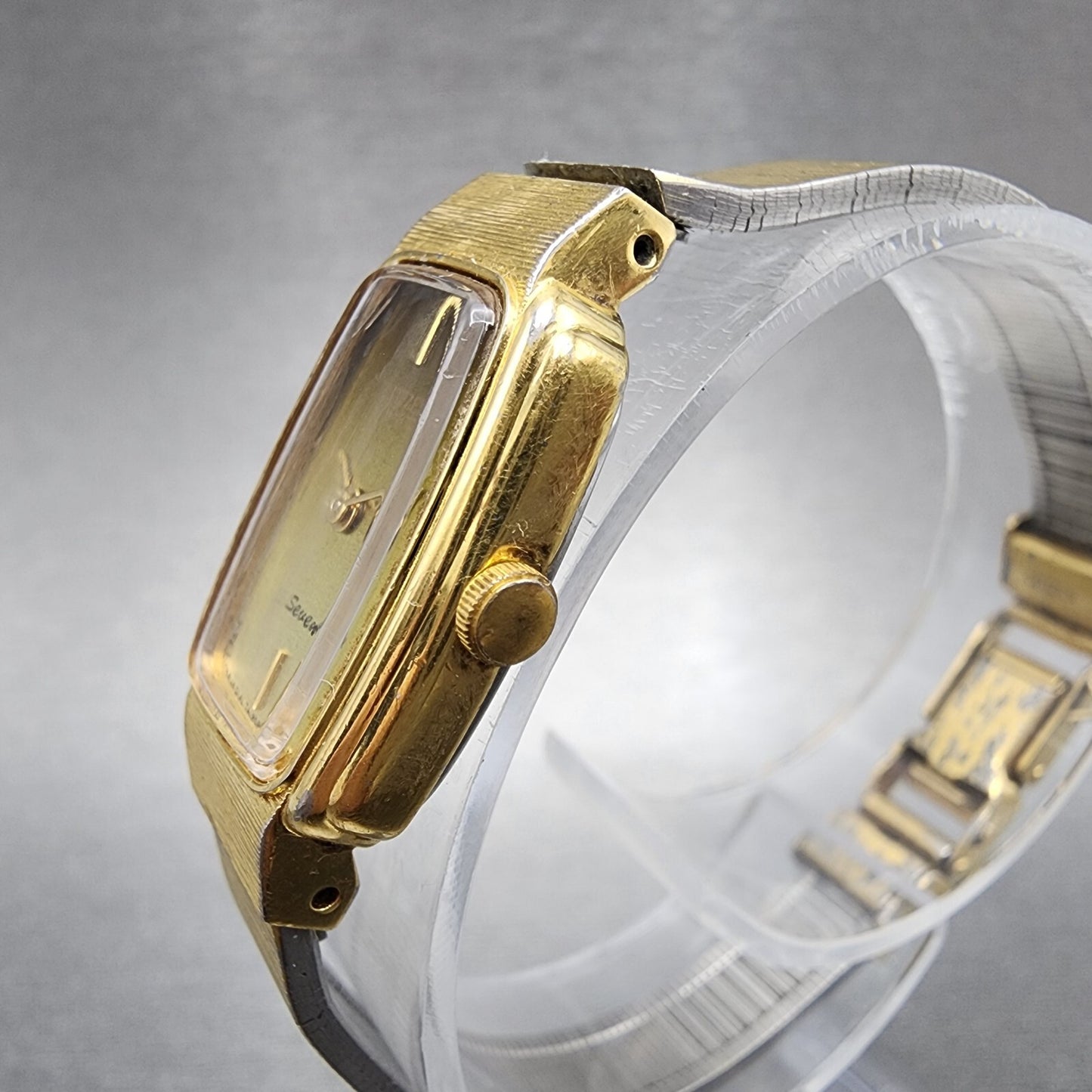 VTG Citizen Seven Watch Women 16mm Brown Dial Gold Tone Rectangle New Battery