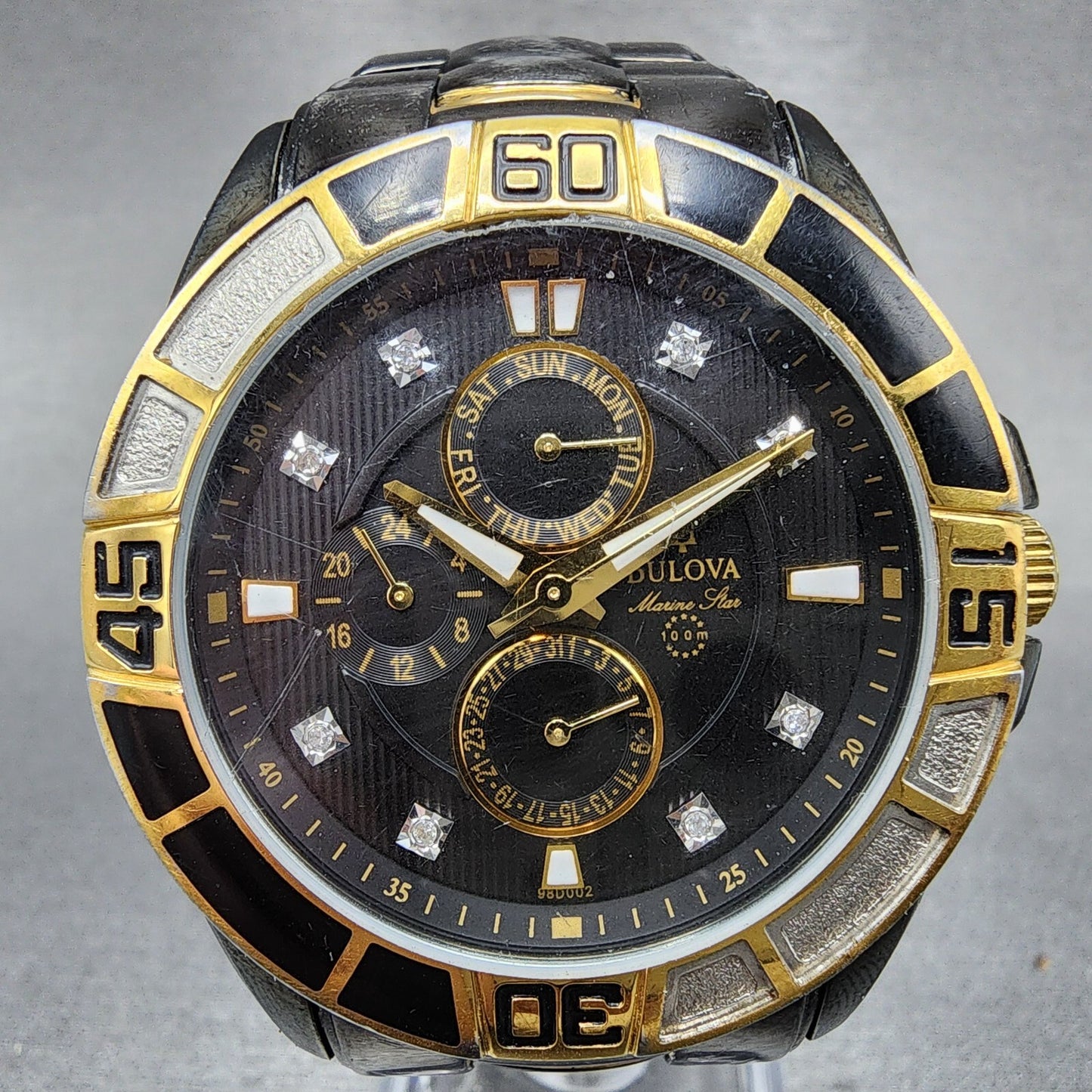Bulova Marine Star Watch Men 42mm Black Dial Black Tone Daydate 98D002 New Batt