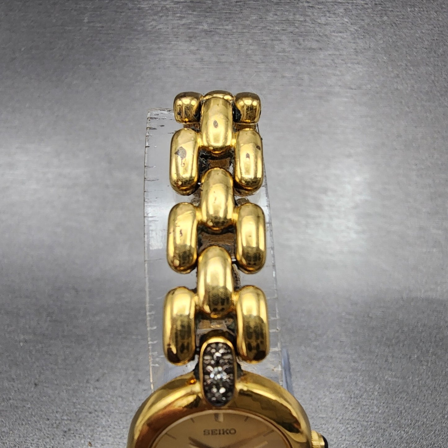 Seiko Watch Women 20mm Gold Dial Gold Tone Diamond Round 1N00-1C99 New Batt VTG