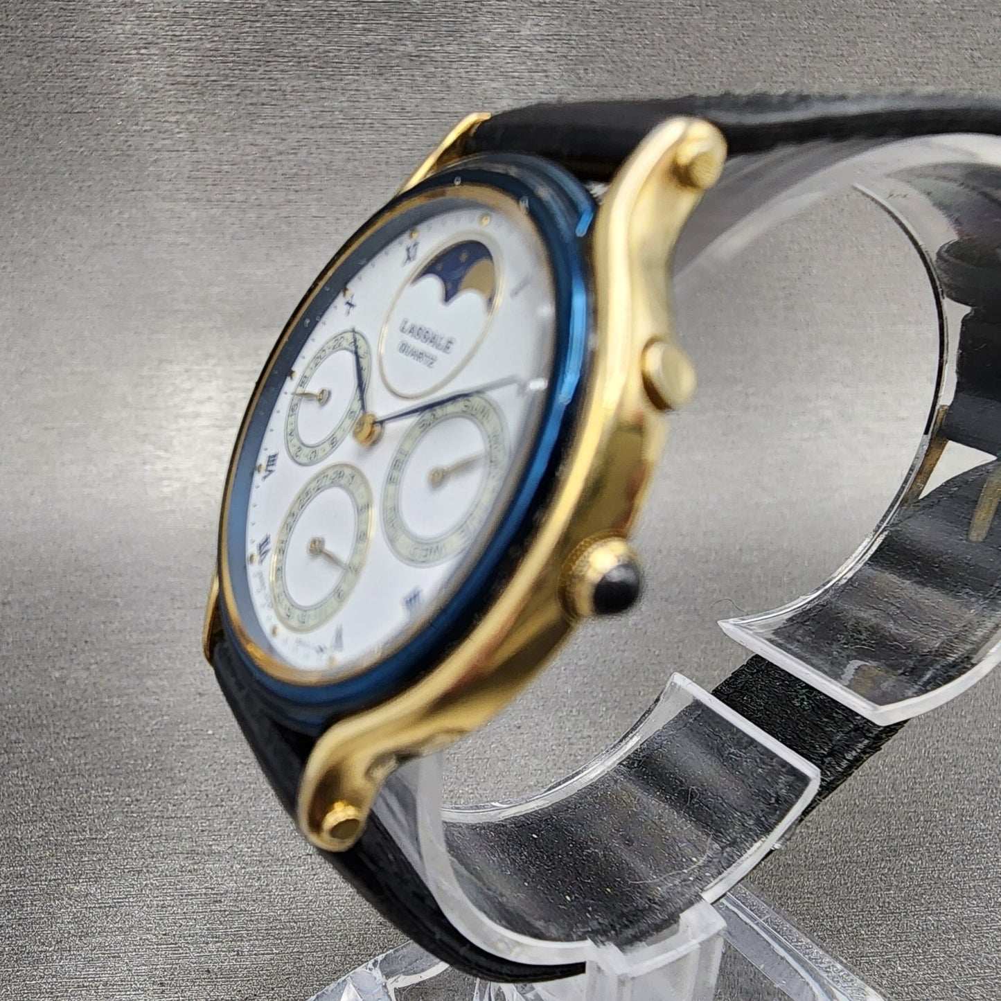 Seiko Lassale Moonphase Watch Men 34mm White Dial Gold Tone Daydate Round Newbat