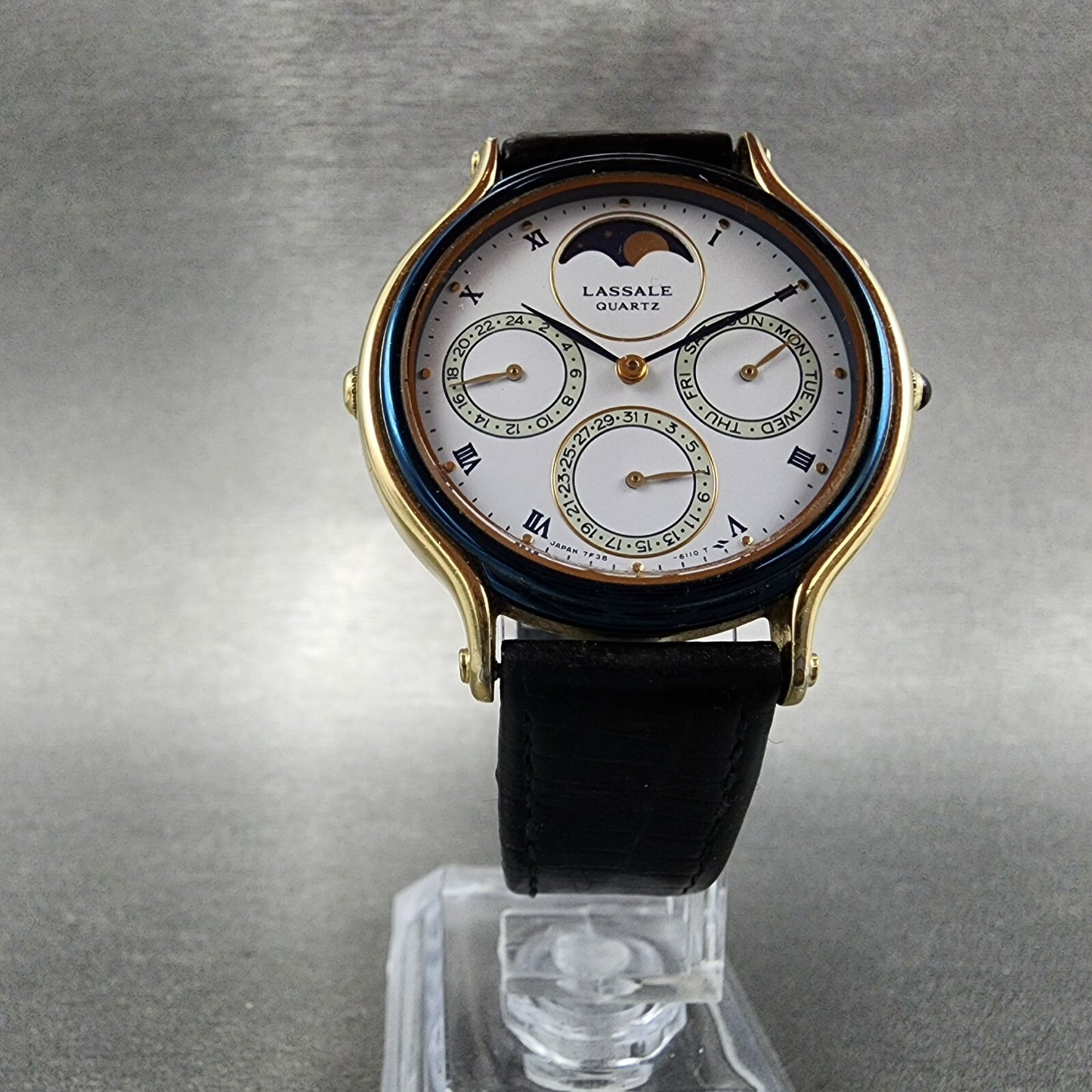 Seiko Lassale Moonphase Watch Men 34mm White Dial Gold Tone Daydate Round Newbat