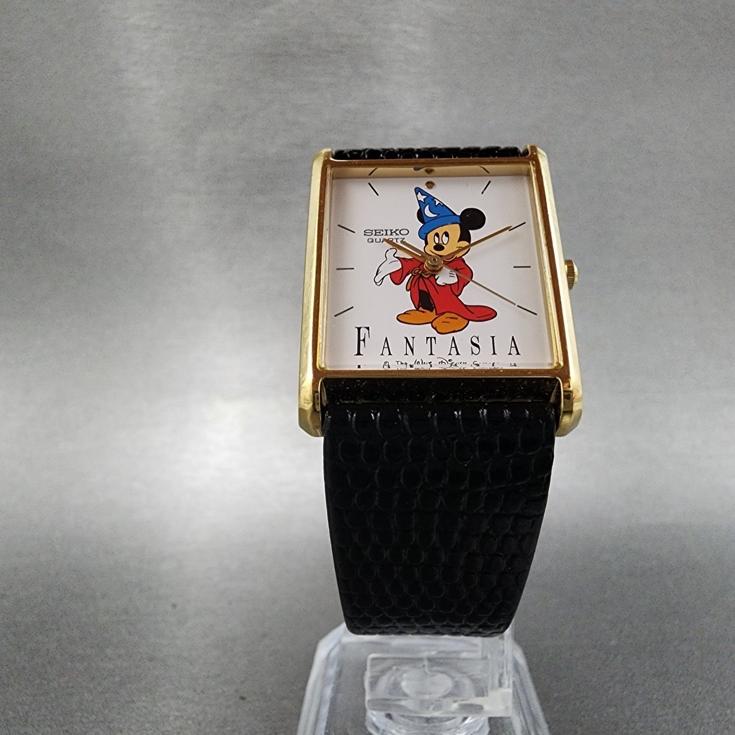 Seiko Mickey Mouse Fantasia Tank Watch Men 25mm White Dial Gold Tone New Battery