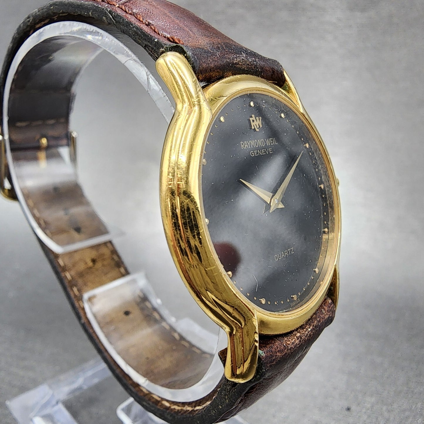 Raymond Weil Watch Men 32mm Black Dial Gold Plated Round 114 New Battery
