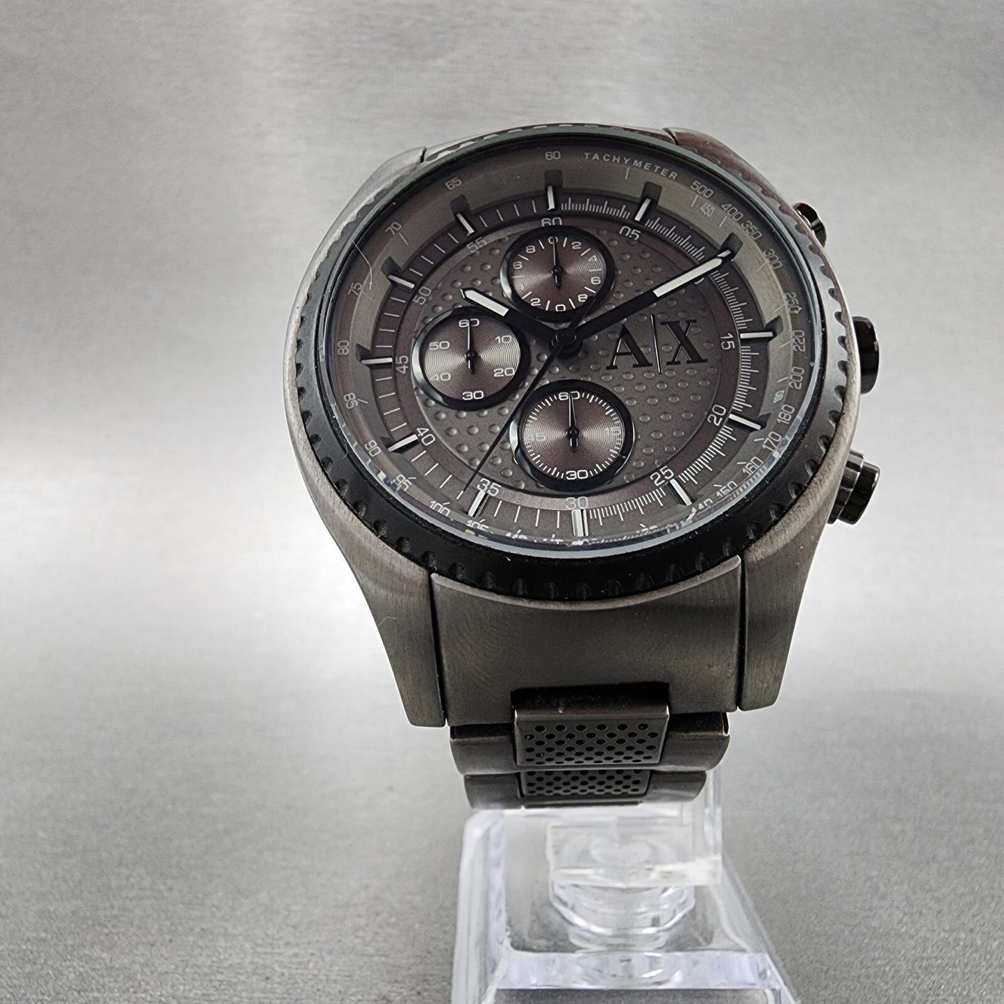 Armani Exchange Chronograph Watch Men 45mm Gray Dial Gunmetal Case Round New Bat