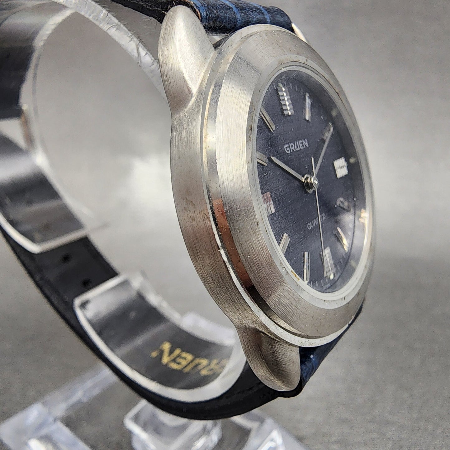 Gruen Watch Men 34mm Blue Dial Silver Tone Round Leather Band New Battery