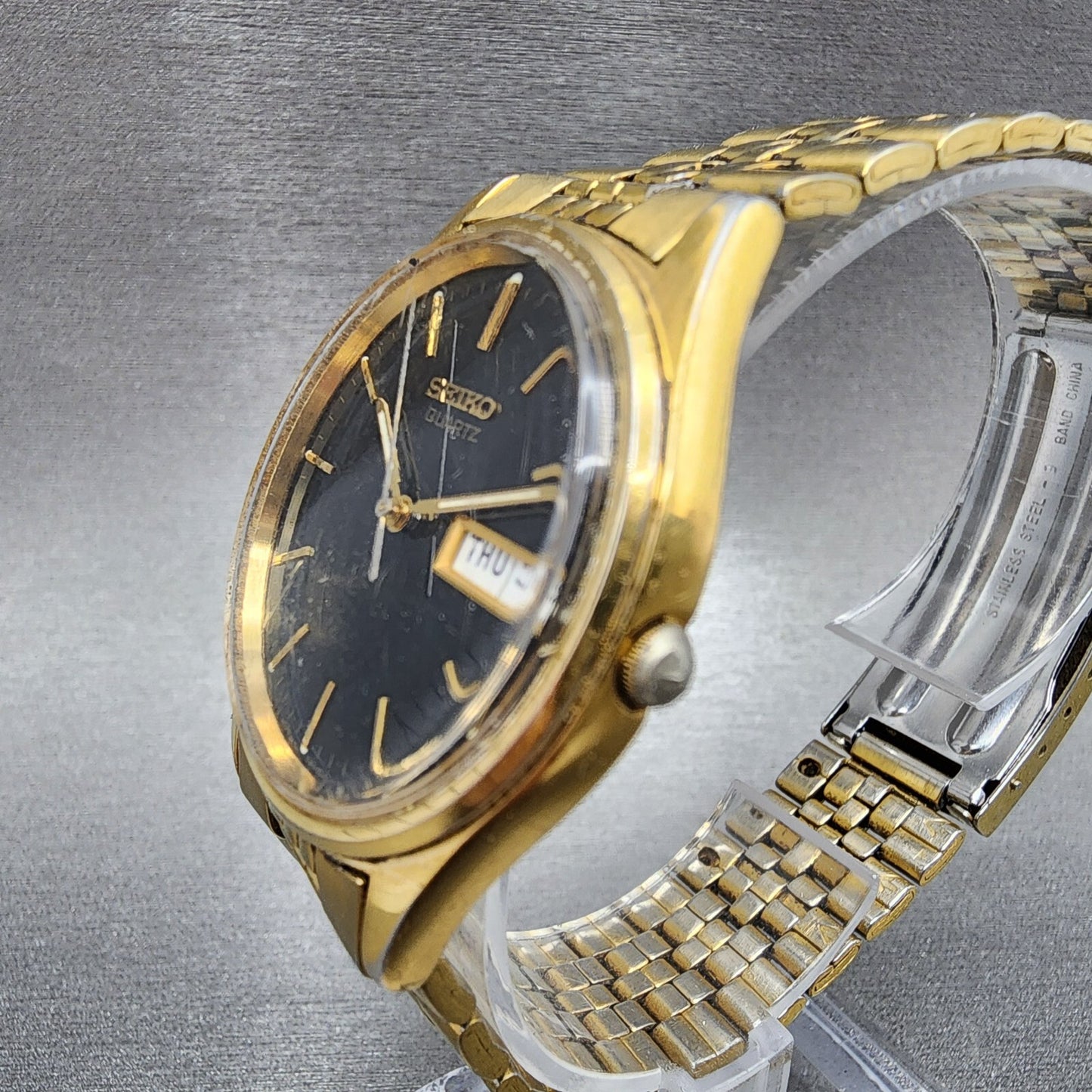 Seiko Watch Men 35mm Black Dial Gold Tone Daydate 7n43-8a39 New Battery READ