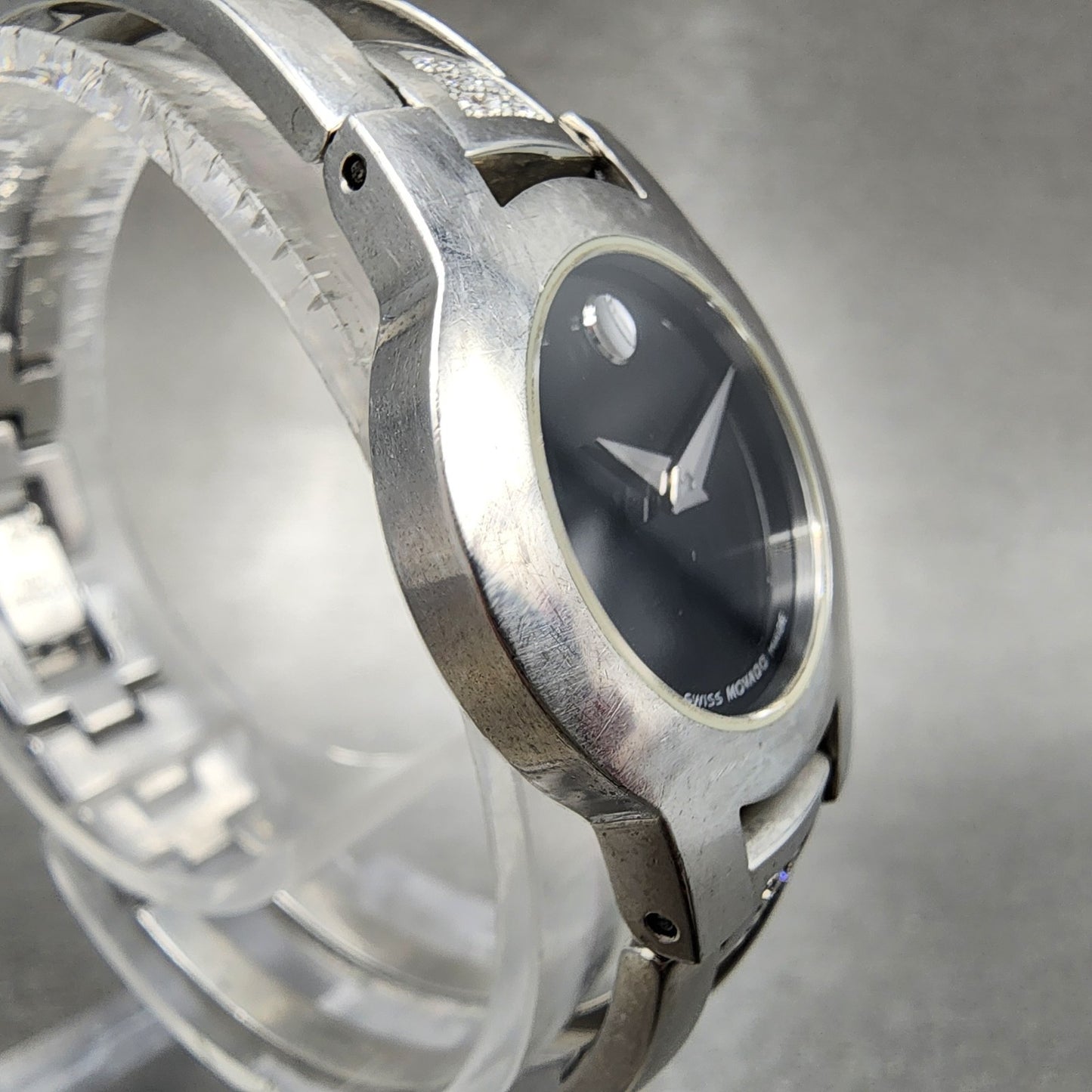 Movado Amorosa Watch Women 24mm Black Dial Steel Diamond Accents New Battery