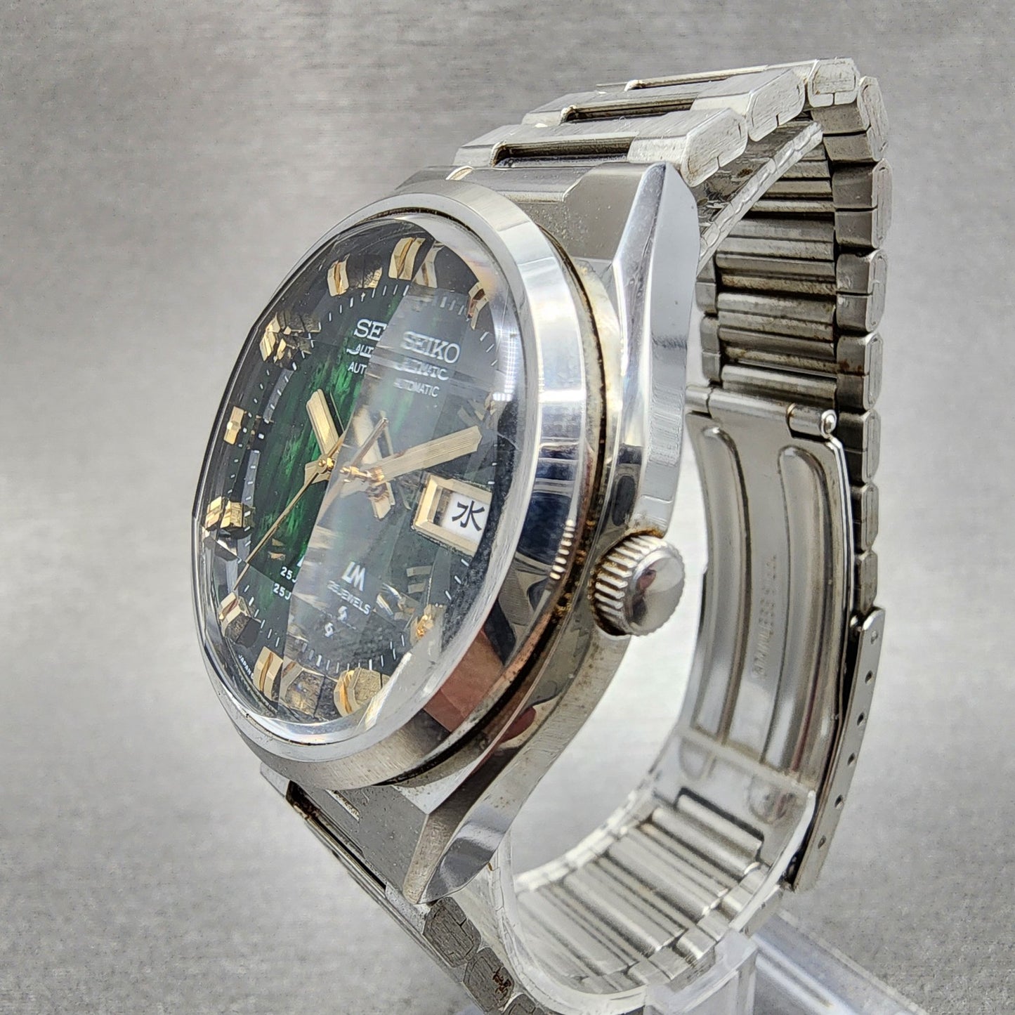 Seiko Lord Matic Watch Men 36mm Green Dial Silver Tone Daydaye 5606-7341 Runs