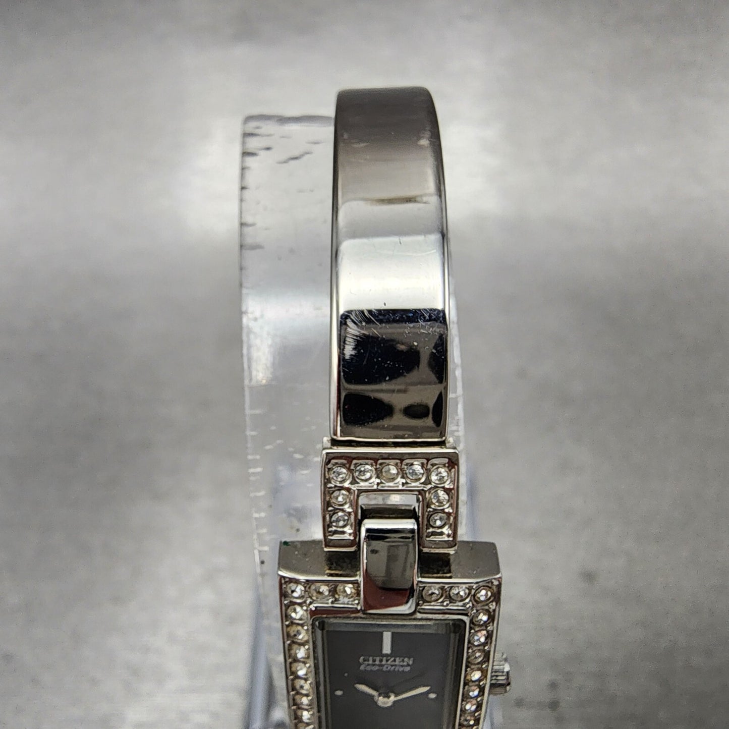 Citizen Eco-Drive Tank Watch Women 14mm Black Dial Steel Rectangle Crystals Runs